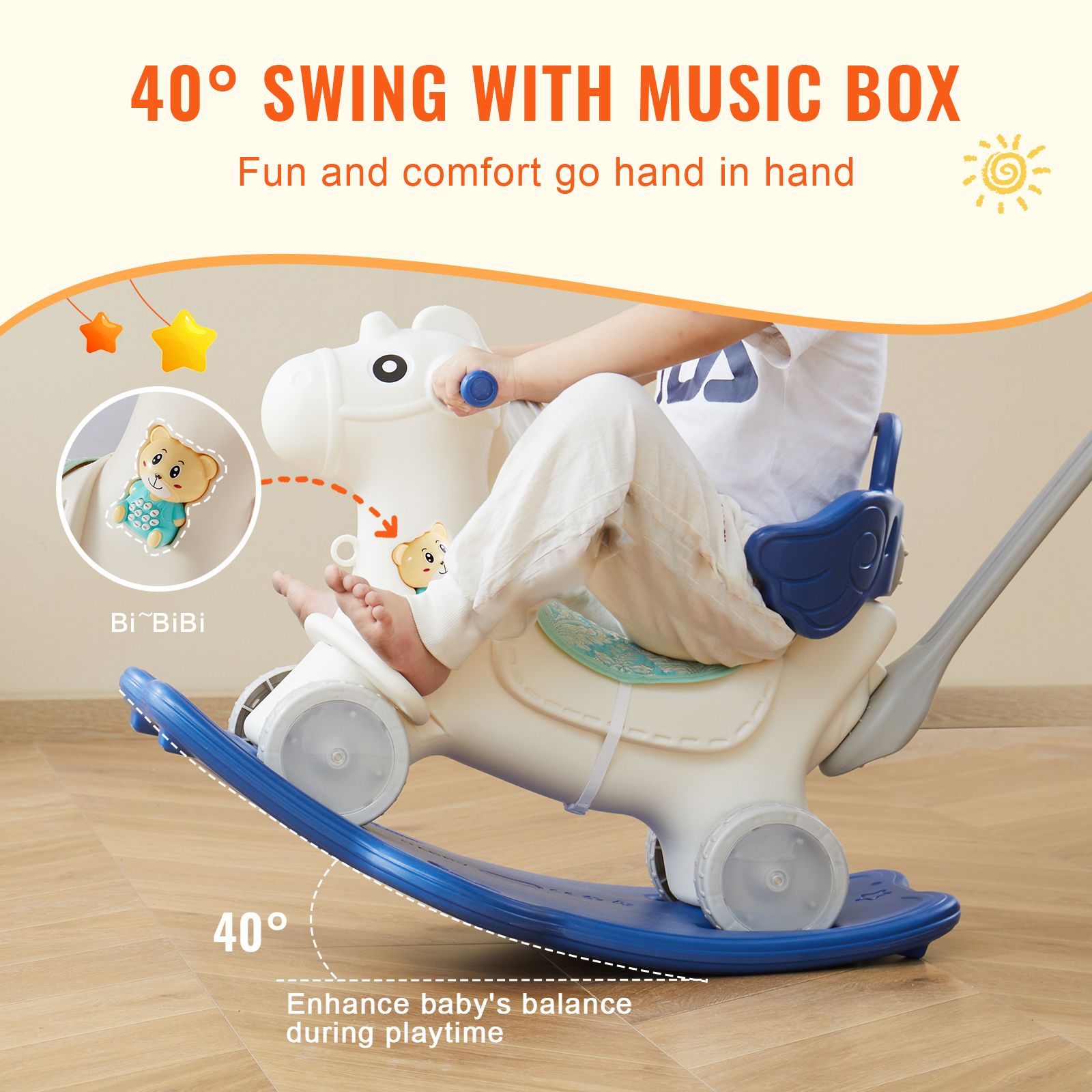 4-in-1 Toddler Rocking Horse Ride On Toy Blue with Push Handle Wheels 80lbs