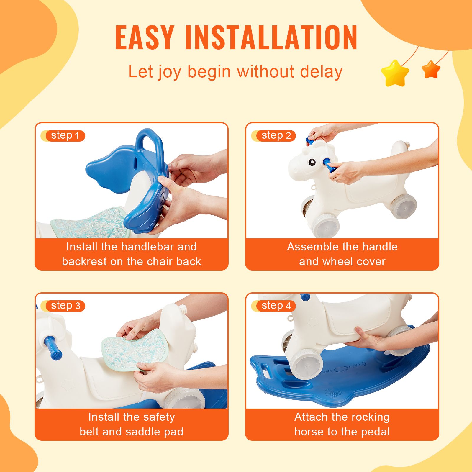 4-in-1 Toddler Rocking Horse Ride On Toy Blue with Push Handle Wheels 80lbs