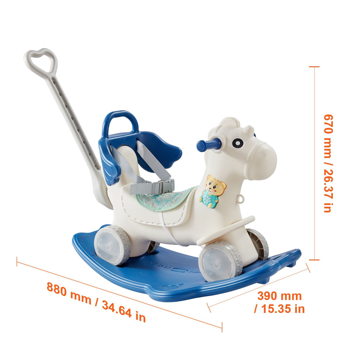 4-in-1 Toddler Rocking Horse Ride On Toy Blue with Push Handle Wheels 80lbs