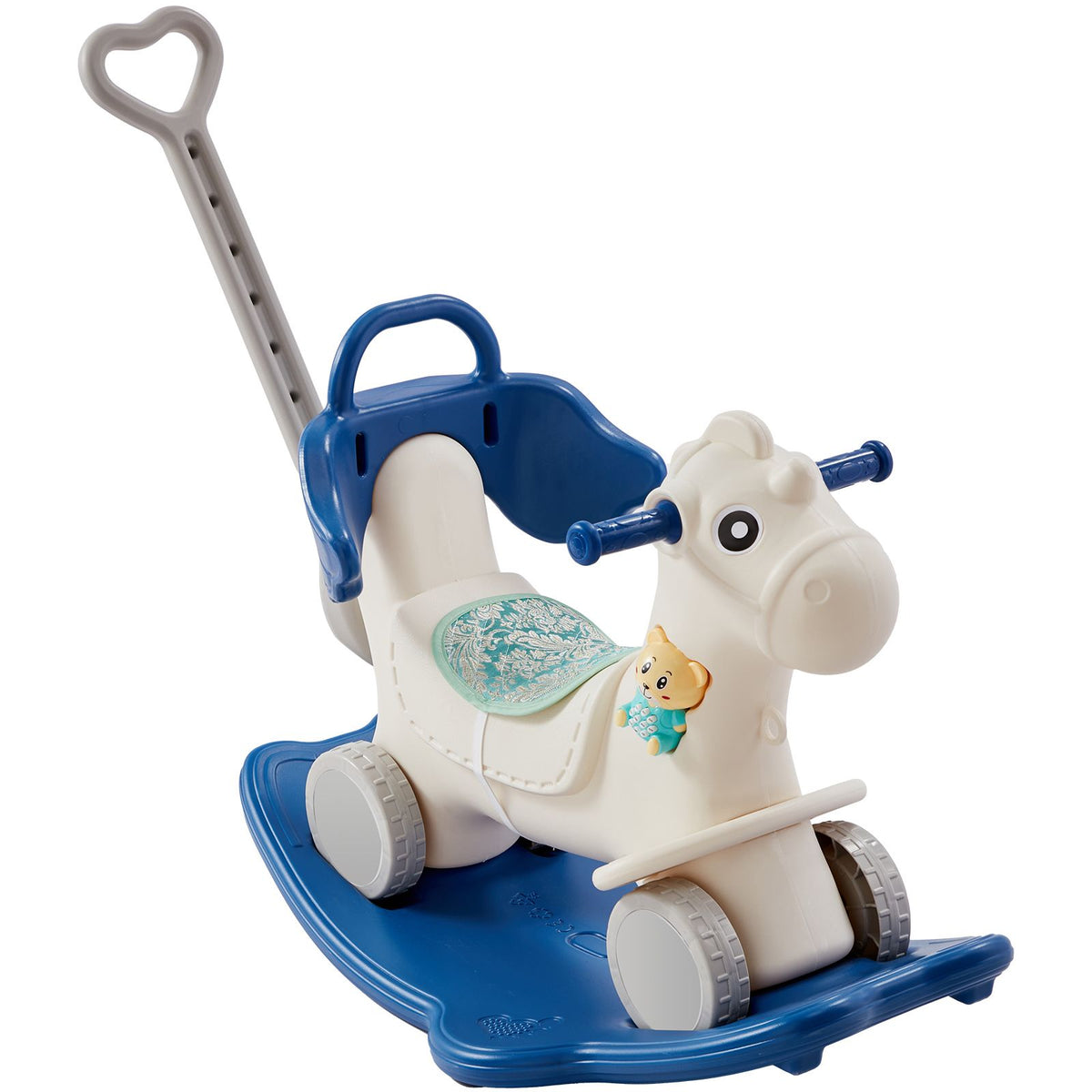 4-in-1 Toddler Rocking Horse Ride On Toy Blue with Push Handle Wheels 80lbs