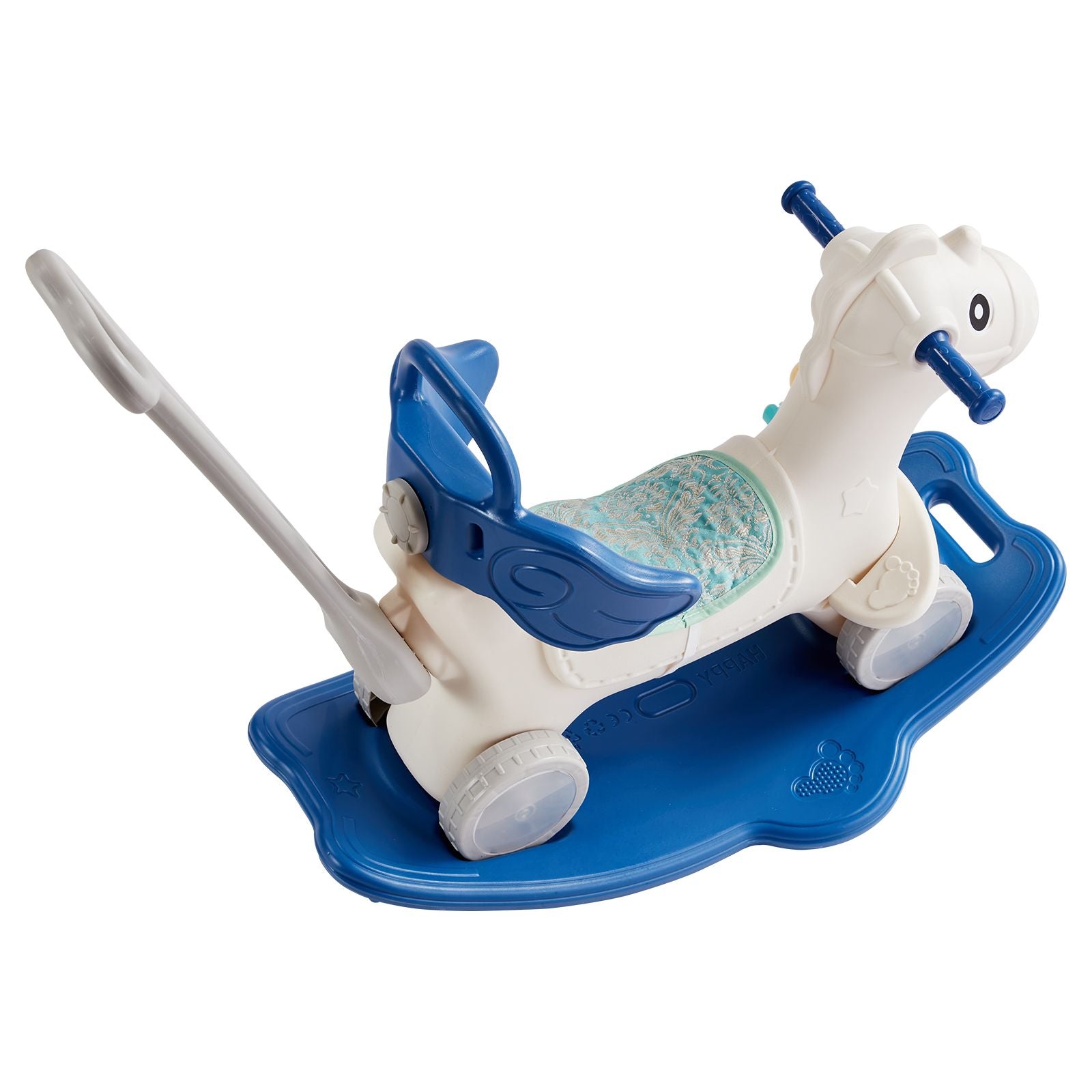 4-in-1 Toddler Rocking Horse Ride On Toy Blue with Push Handle Wheels 80lbs