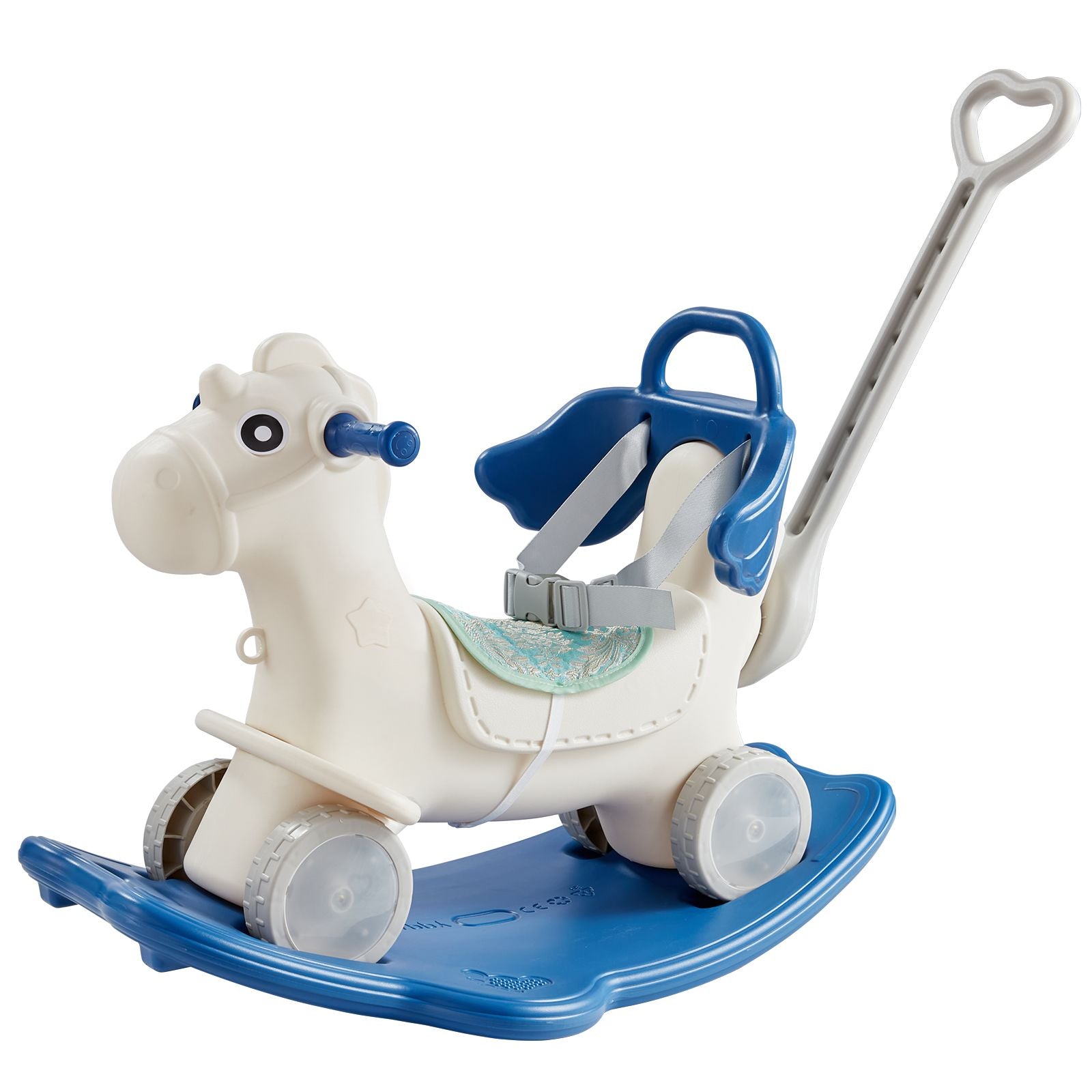 4-in-1 Toddler Rocking Horse Ride On Toy Blue with Push Handle Wheels 80lbs