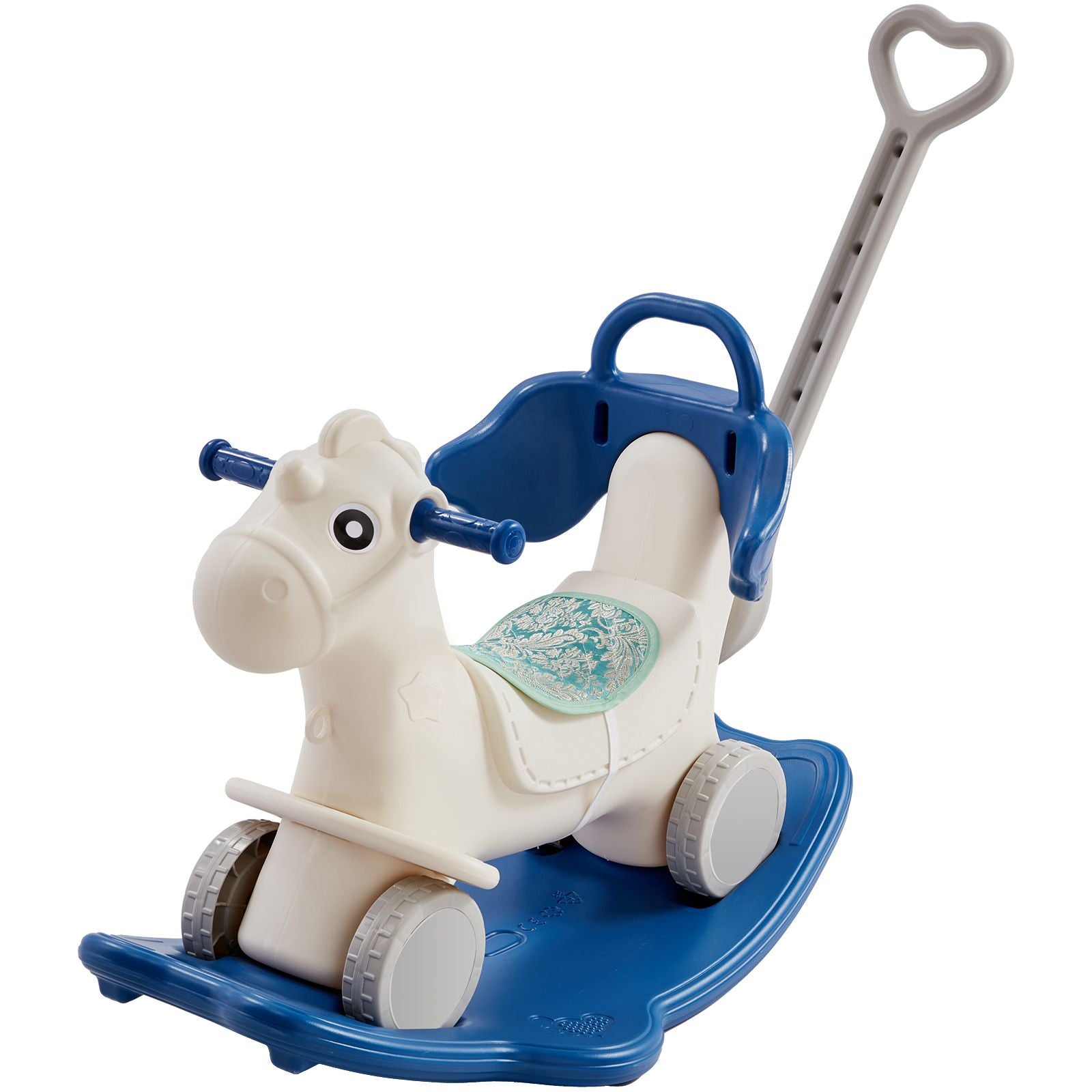 4-in-1 Toddler Rocking Horse Ride On Toy Blue with Push Handle Wheels 80lbs