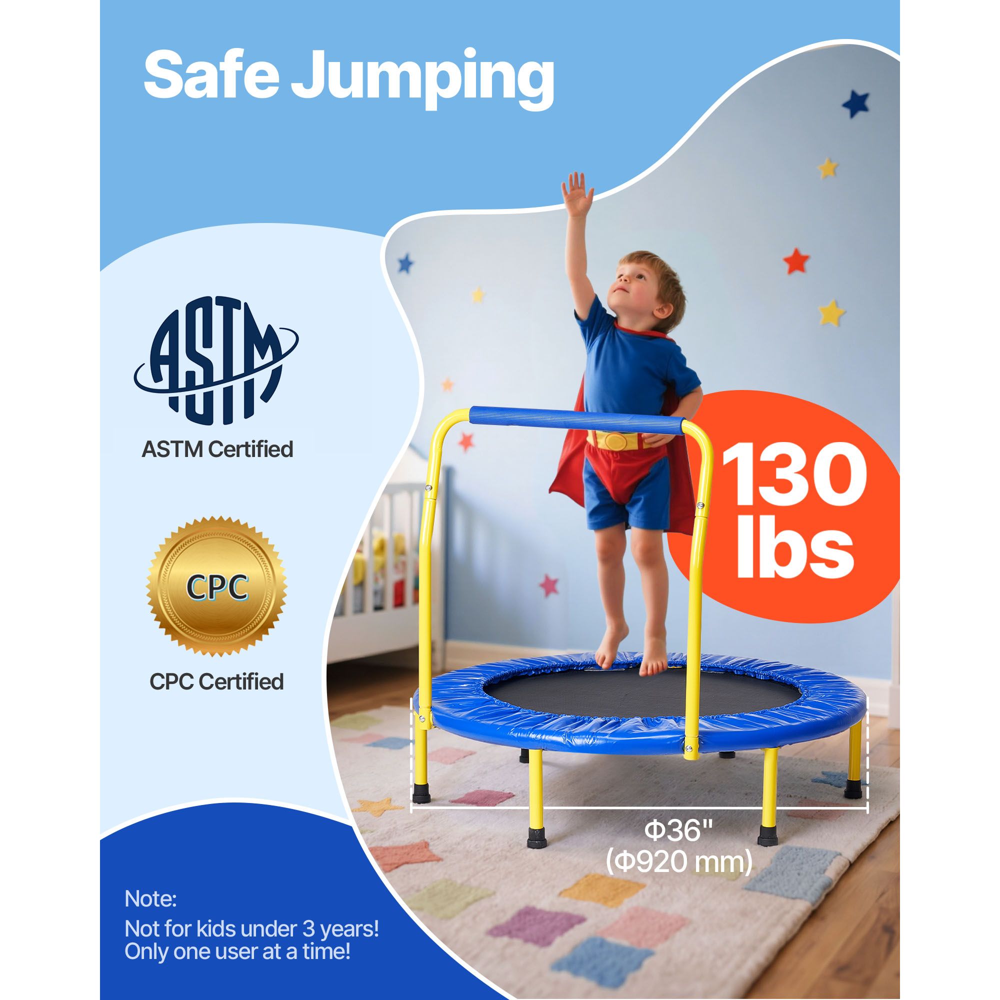 3FT Kids Trampoline Foldable Mini Toddler Indoor Outdoor Jumping Toy