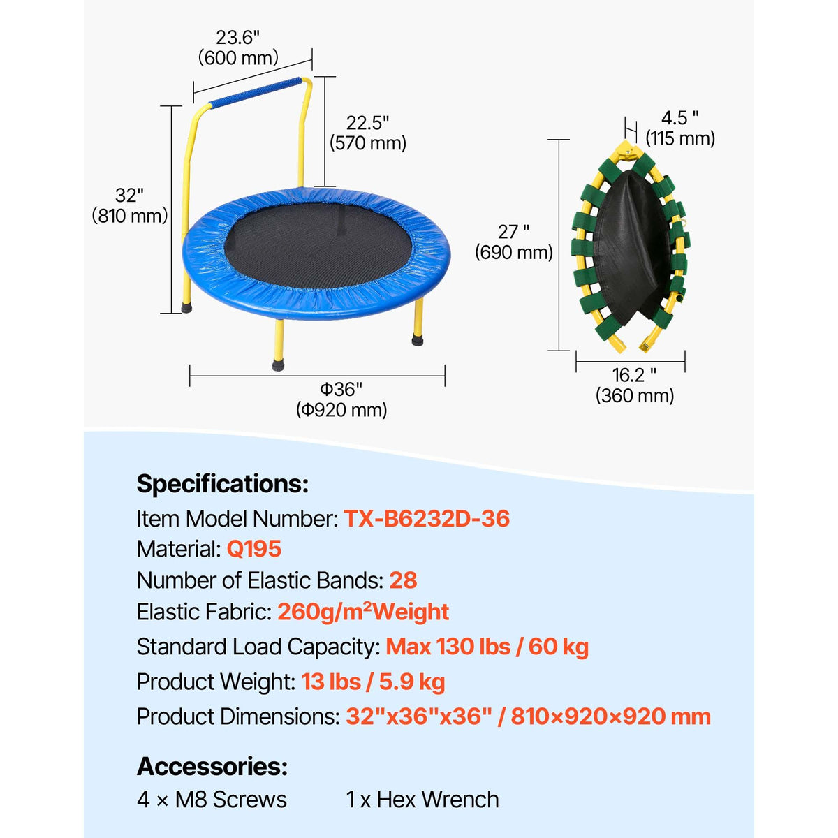 3FT Kids Trampoline Foldable Mini Toddler Indoor Outdoor Jumping Toy