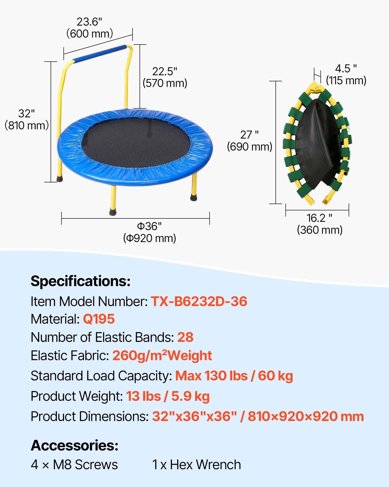 3FT Trampoline for Kids, 92 cm Trampolines Indoor/Outdoor Trampoline for Toddlers, Foldable Mini Ba Trampoline with Foam Handle, Recreational Trampoline Birthday Gift for 3+ Years Kids