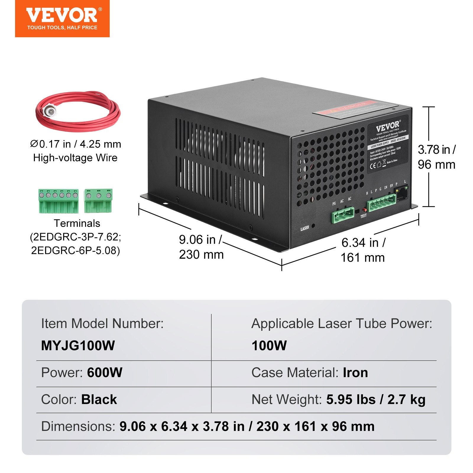 CO2 Laser Power Supply, 100W, Power Supply for 100W Laser Tube, Constant Current Protection, Open Circuit Protection, Fast Heat Dissipation, Compatible for Multi-brand Laser Engravers & Cutters