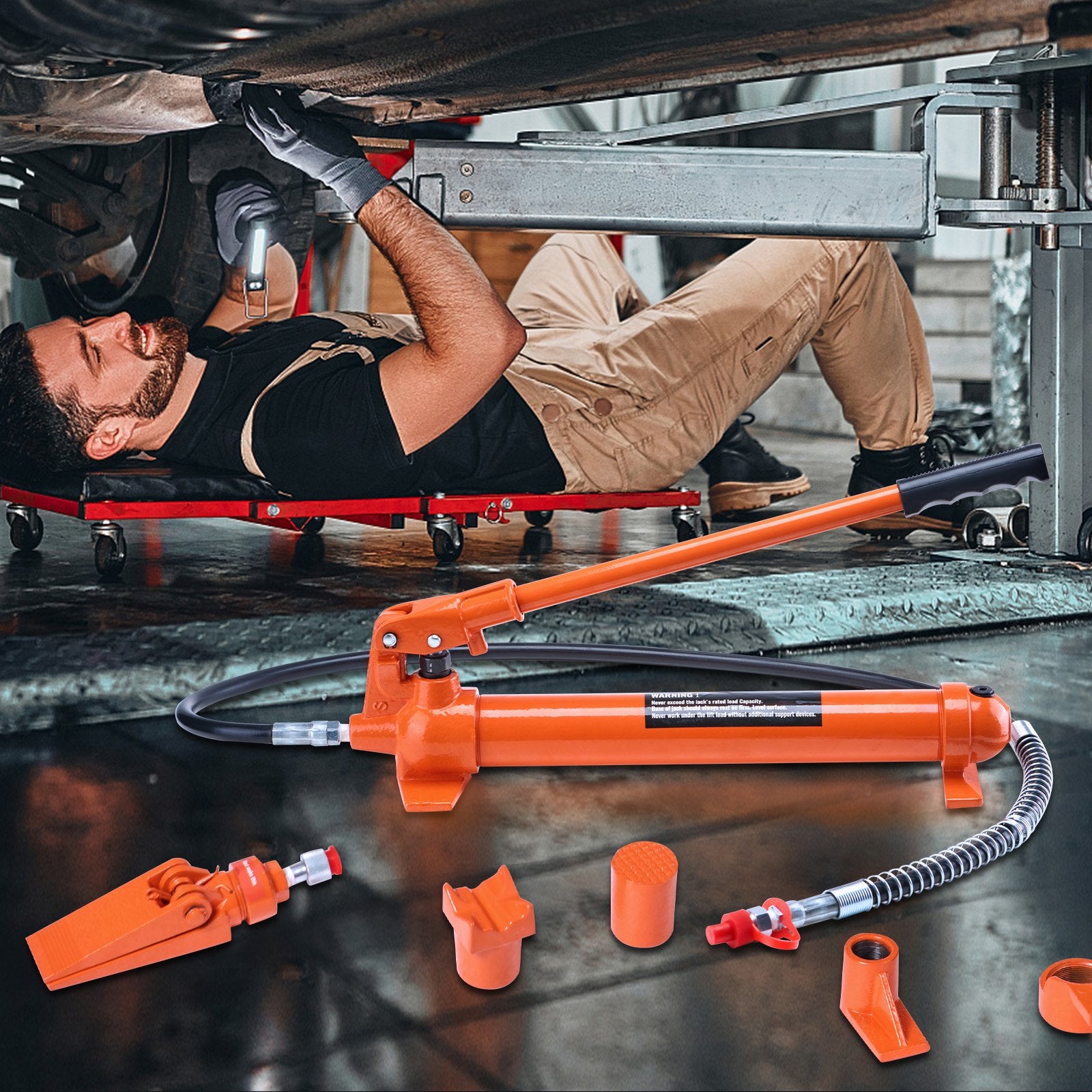 10 Ton Porta Power Kit, Portable Hydraulic Jack with 4.6 ft/1.4 m Oil Hose, Auto Body Frame Repair Kit with Storage Case for Car Repair, Truck, Farm