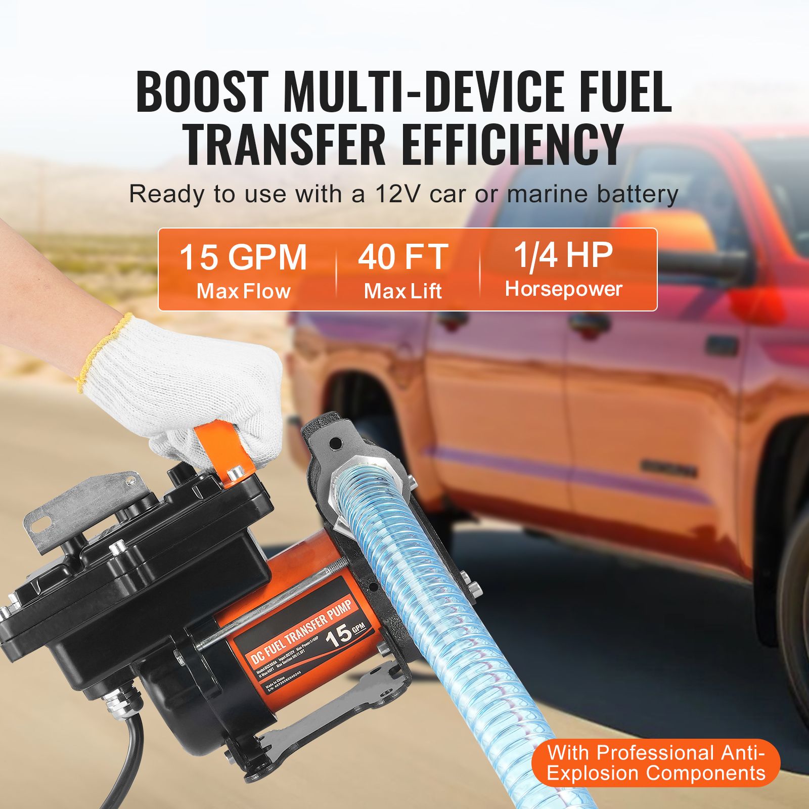 Fuel Transfer Pump 12V 15 GPM 1/4 HP Diesel Pump with Auto Fuel Nozzle