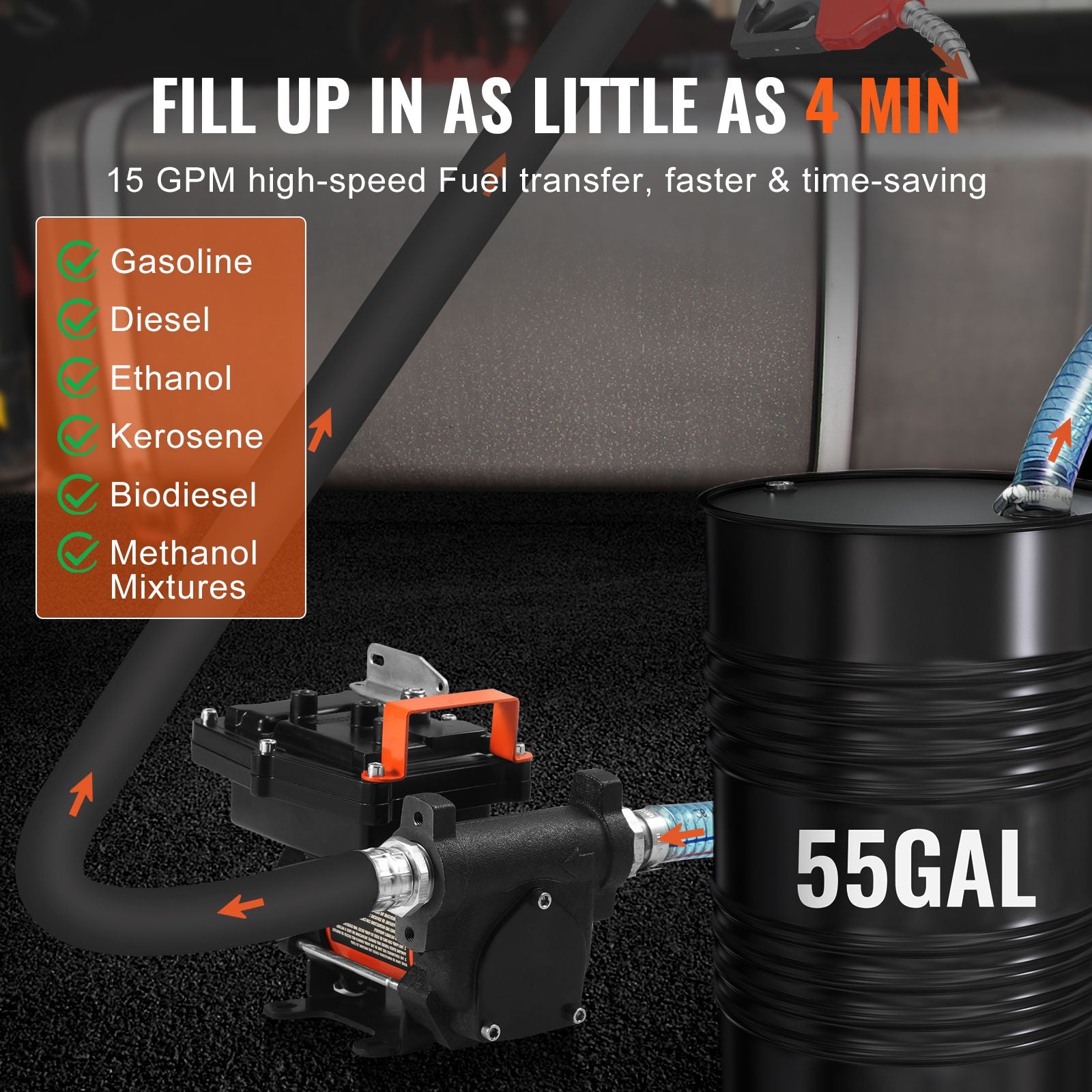 Fuel Transfer Pump 12V 15 GPM 1/4 HP Diesel Pump with Auto Fuel Nozzle
