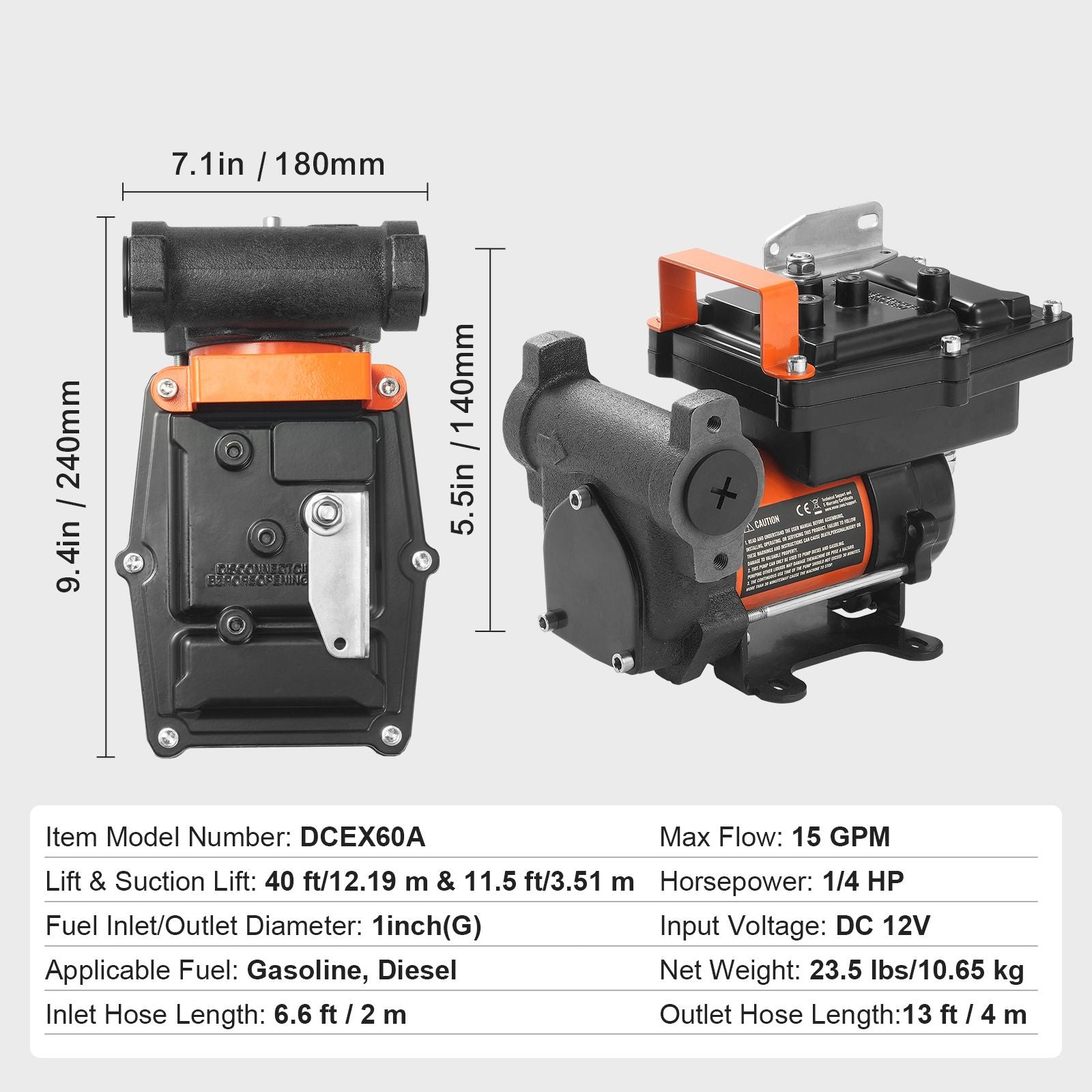 Fuel Transfer Pump 12V 15 GPM 1/4 HP Diesel Pump with Auto Fuel Nozzle