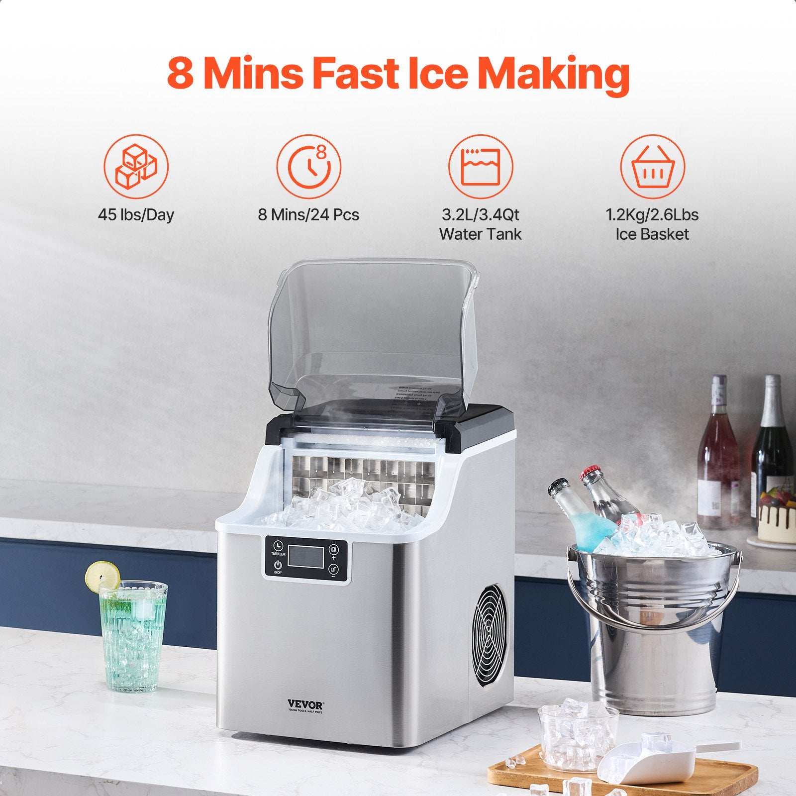 Portable Countertop Ice Maker 45Lbs/24H Self-Cleaning with Scoop Basket