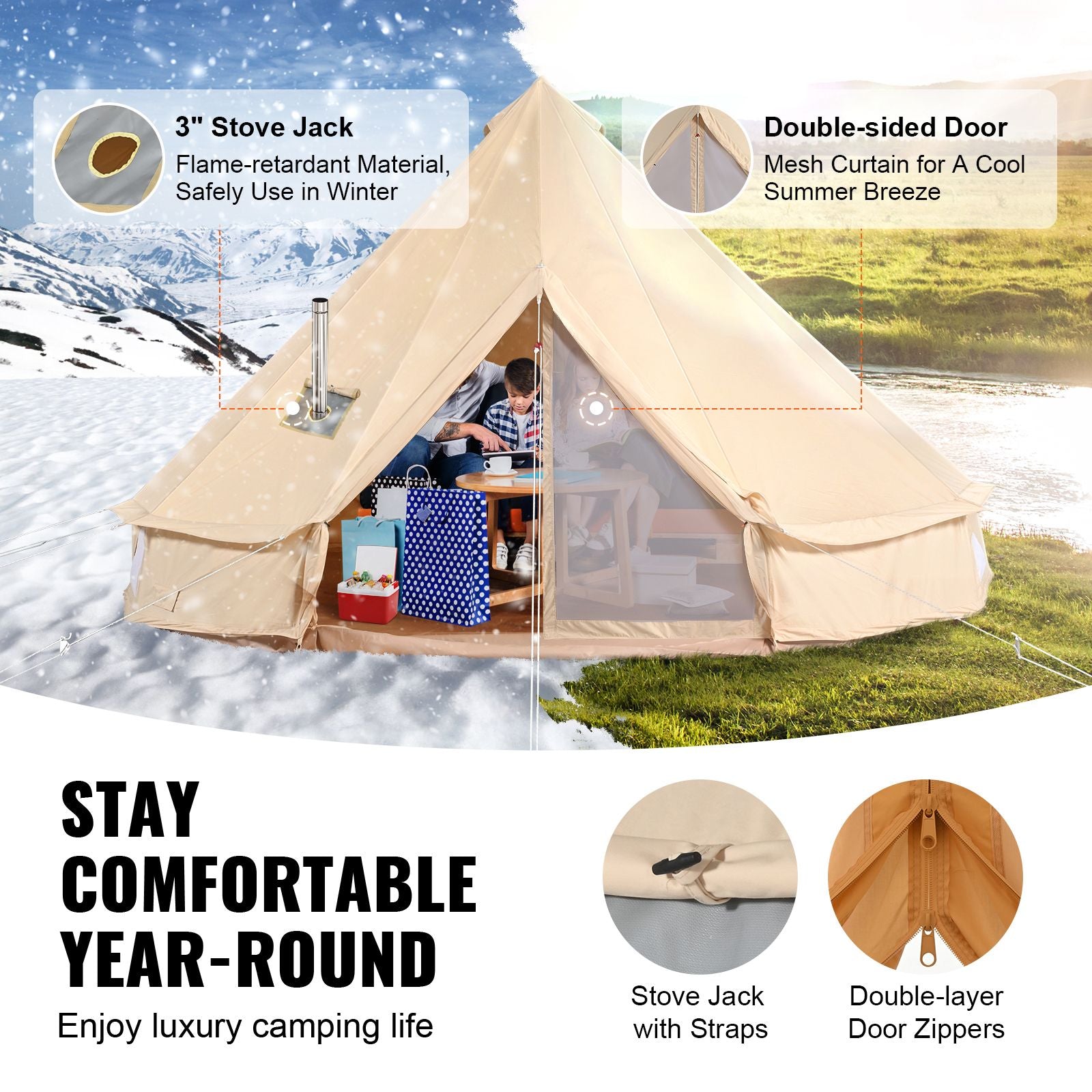 Canvas Bell Tent 3m/9.8ft 4-Season Canvas Tent for Camping with Stove Jack