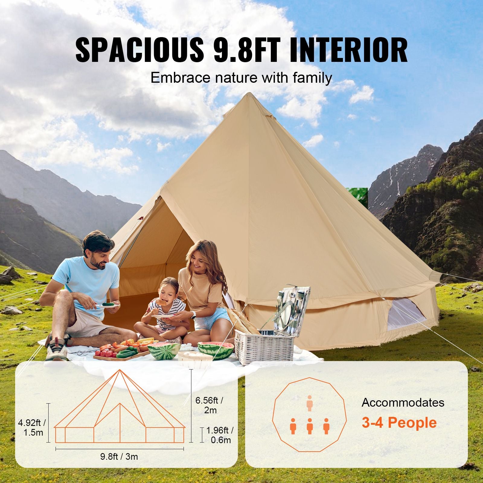 Canvas Bell Tent 3m/9.8ft 4-Season Canvas Tent for Camping with Stove Jack