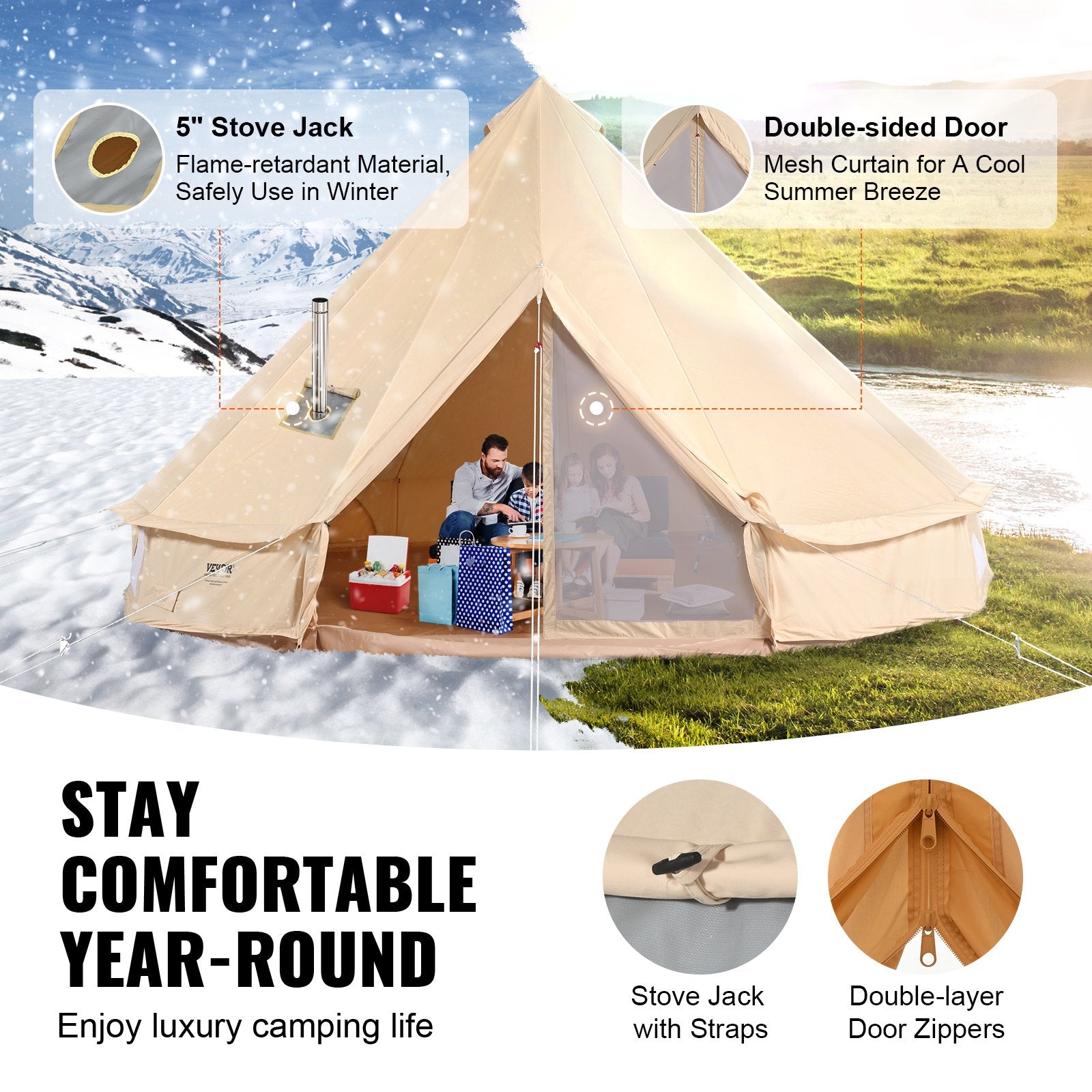 Canvas Bell Tent 3m/9.8ft 4-Season Canvas Tent for Camping with Stove Jack