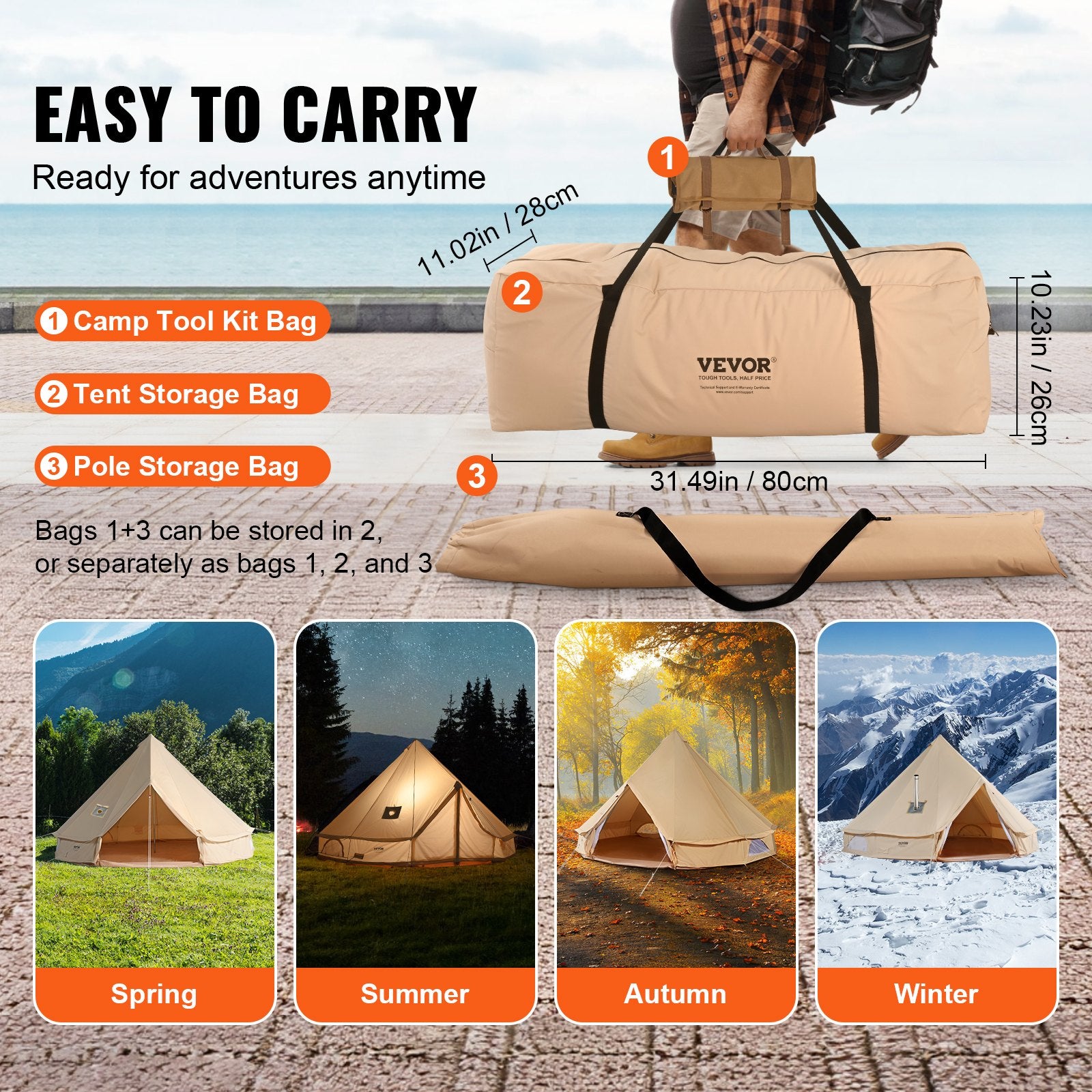 Canvas Bell Tent 3m/9.8ft 4-Season Canvas Tent for Camping with Stove Jack