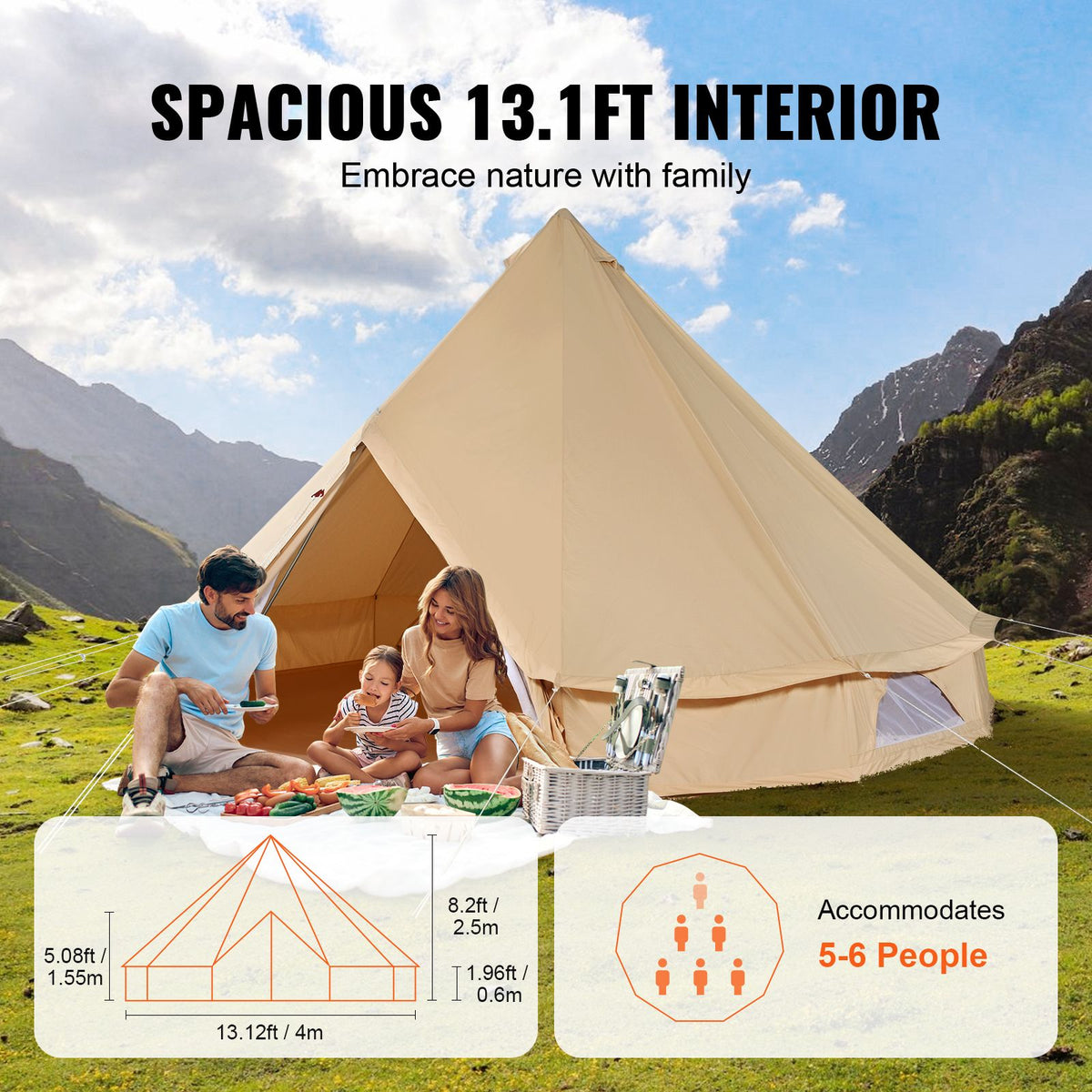 Canvas Bell Tent 4M 4-Season Camping Yurt Tent with Stove Jack Outdoor