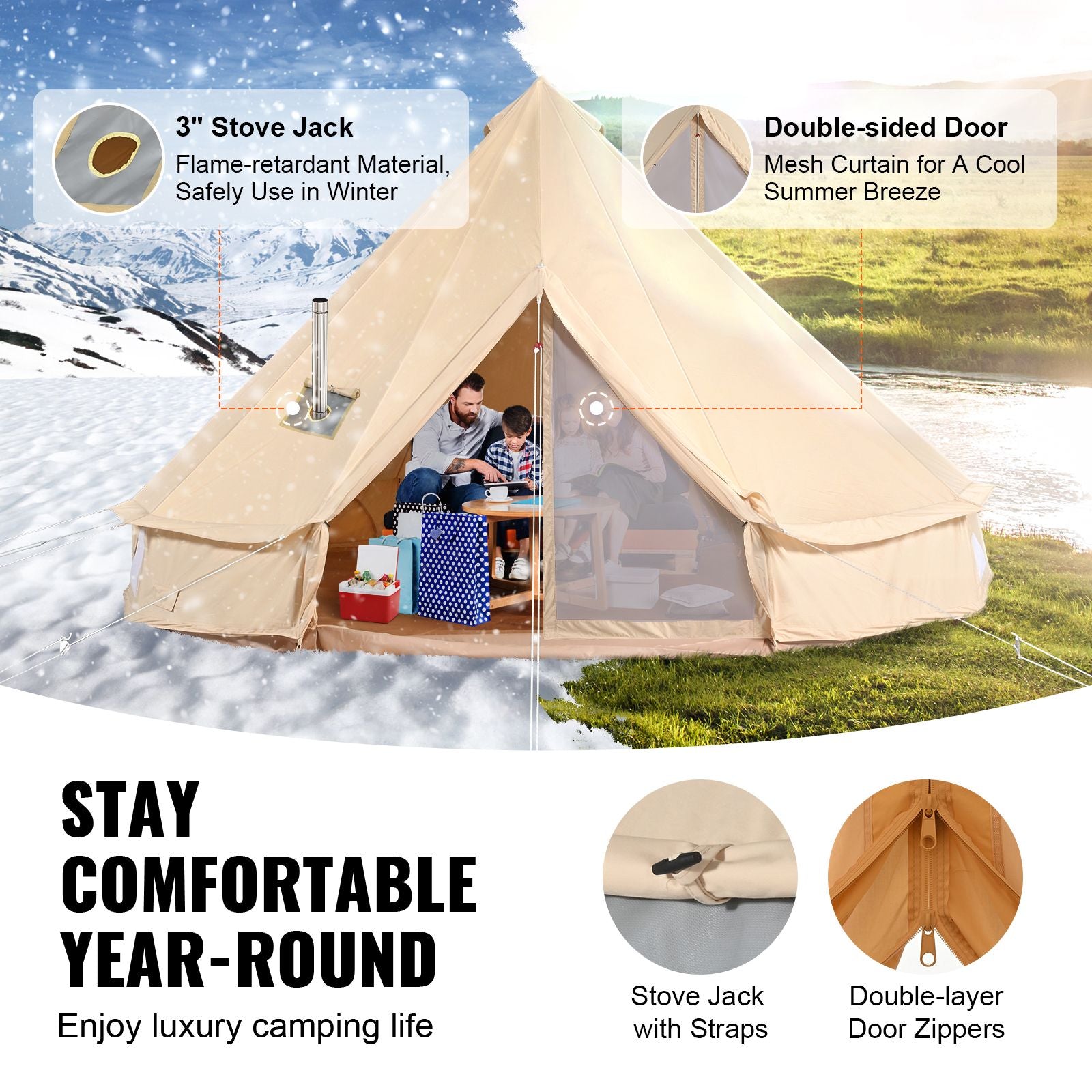 Canvas Bell Tent 5m/16.4ft 4-Season Camping Yurt Tent with Stove Jack