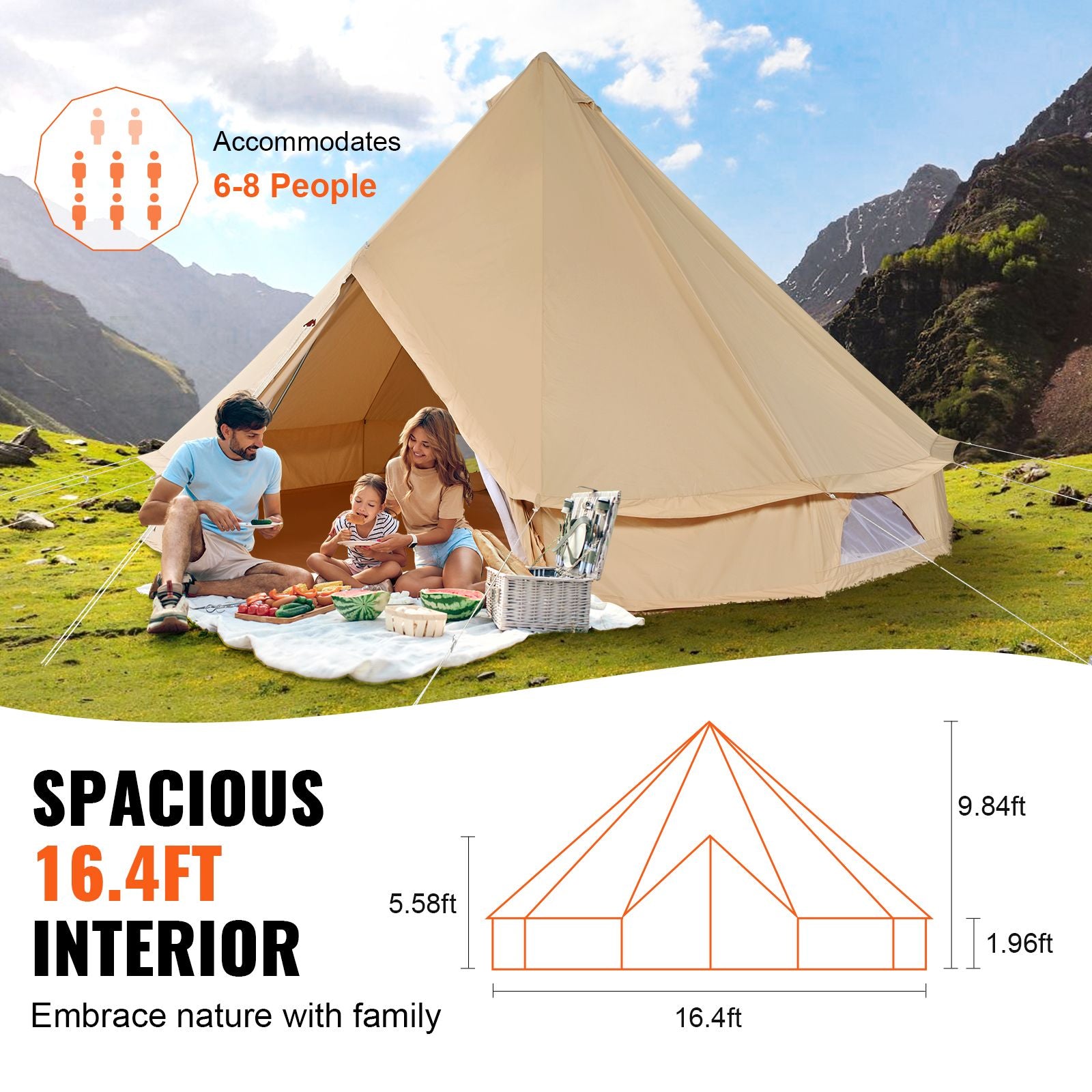 Canvas Bell Tent 5m/16.4ft 4-Season Camping Yurt Tent with Stove Jack