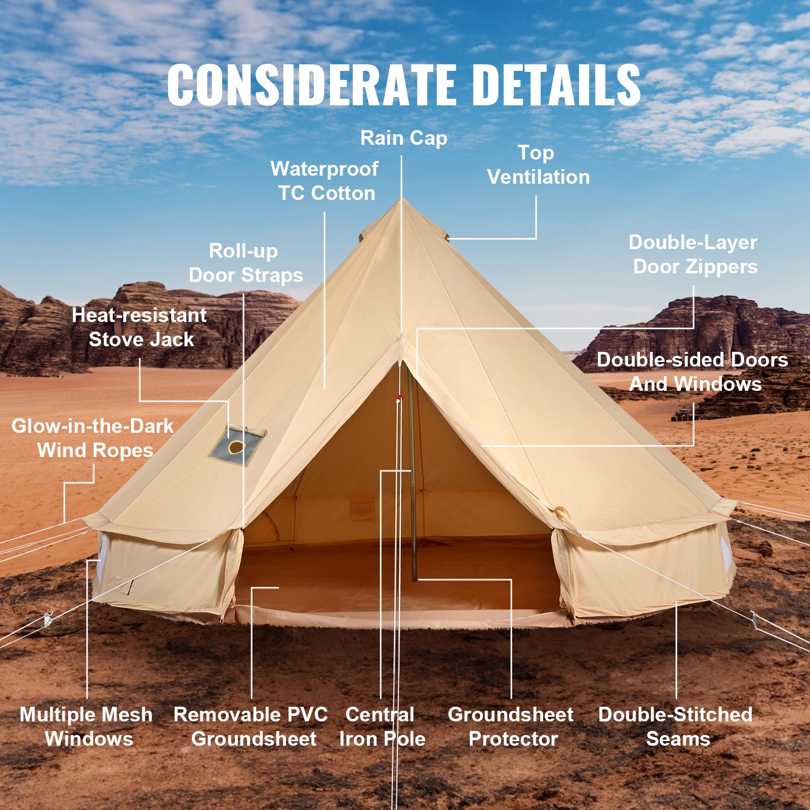 Canvas Bell Tent 5m/16.4ft 4-Season Camping Yurt Tent with Stove Jack
