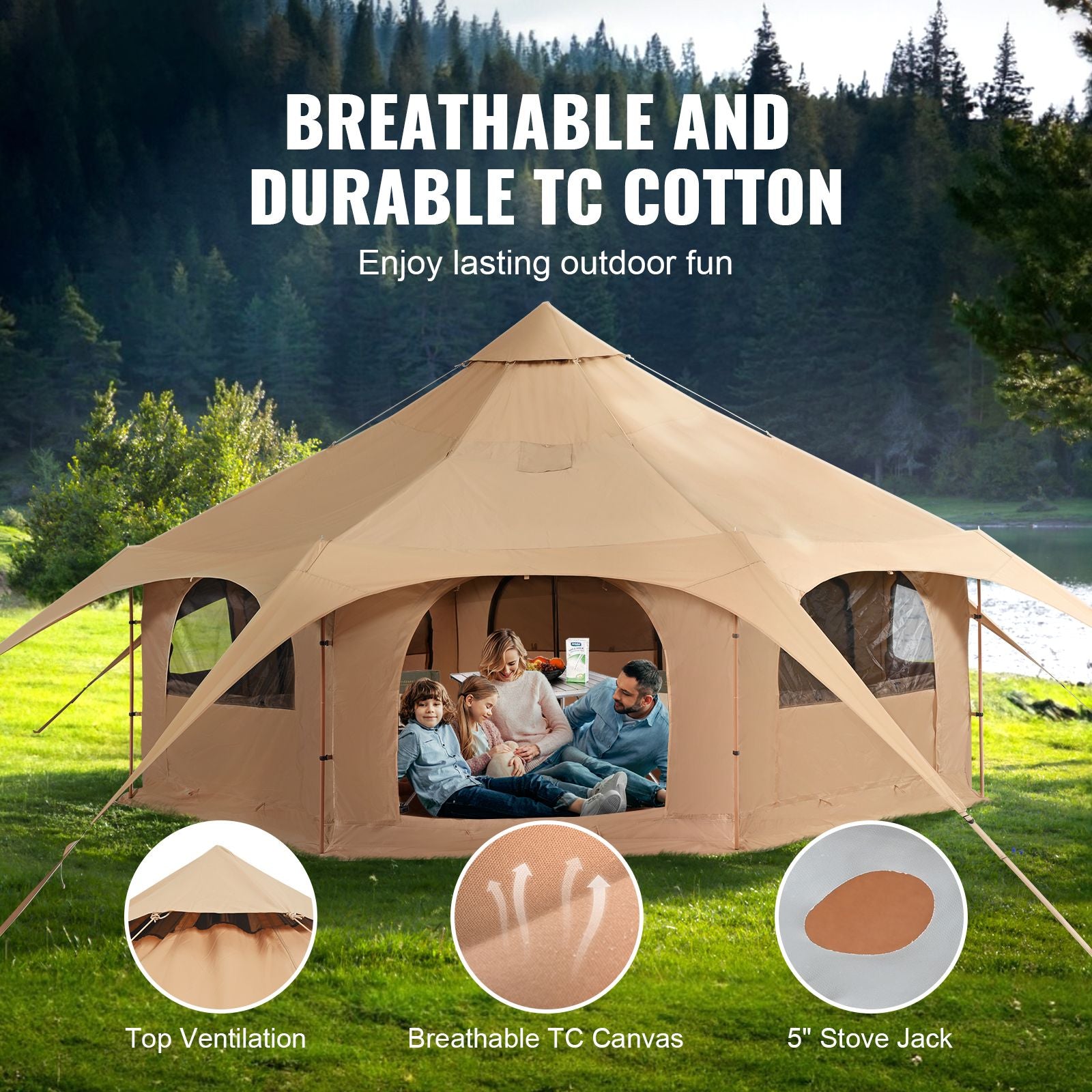 Canvas Tent 4 Seasons 5 m/16.4 ft Bell Tent for Camping with Stove Jack