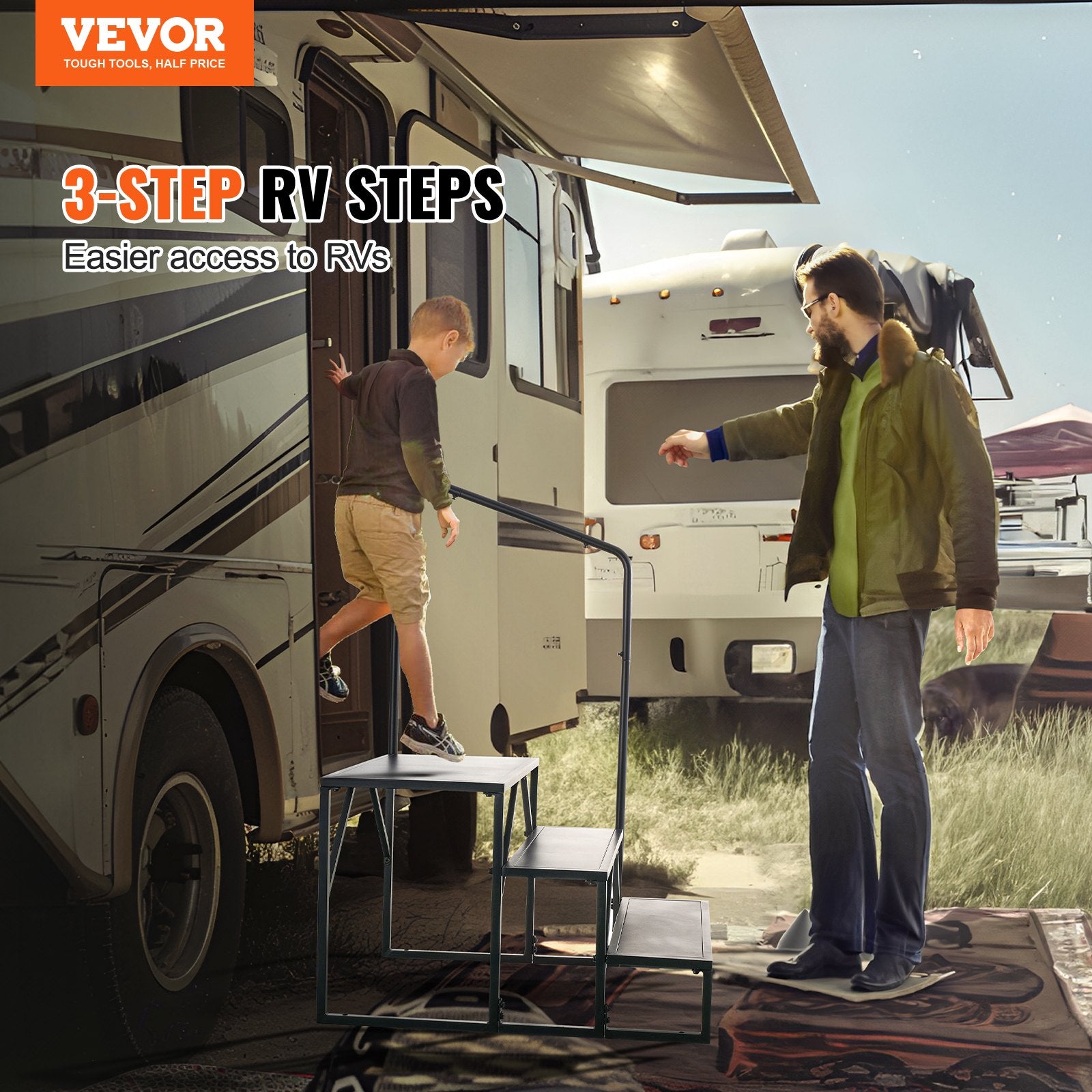 RV Steps, 3-Step RV Stairs, 199.58KGS  Load Capacity, Thickened Carbon Steel, With Handrail, Non-Slip Steps for Safe Entry and Exit, Suit for RV, Trailer, Camper Steps