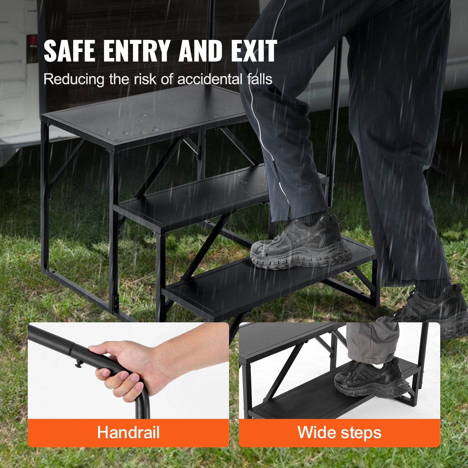 RV Steps, 3-Step RV Stairs, 199.58KGS  Load Capacity, Thickened Carbon Steel, With Handrail, Non-Slip Steps for Safe Entry and Exit, Suit for RV, Trailer, Camper Steps