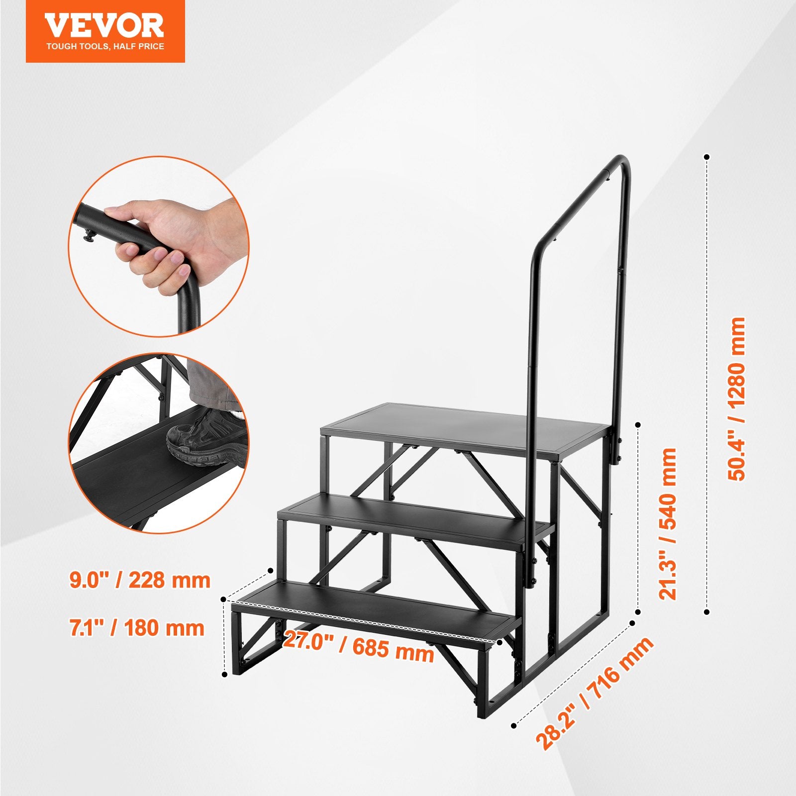 RV Steps, 3-Step RV Stairs, 199.58KGS  Load Capacity, Thickened Carbon Steel, With Handrail, Non-Slip Steps for Safe Entry and Exit, Suit for RV, Trailer, Camper Steps