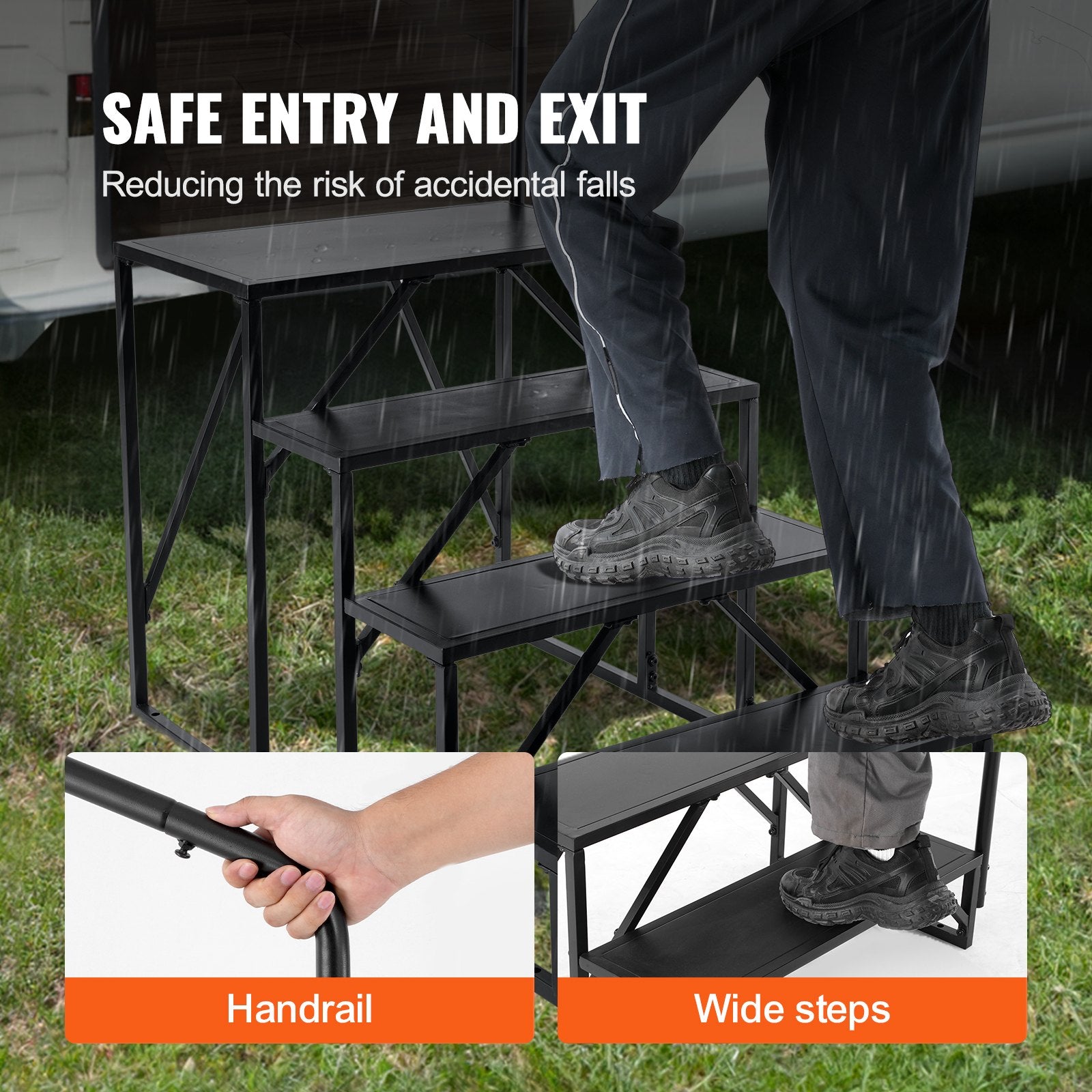 RV Steps, 4-Step RV Stairs, 199.58KGS Load Capacity, Thickened Carbon Steel, With Handrail, Non-Slip Steps for Safe Entry and Exit, Suit for RV, Trailer, Camper Steps