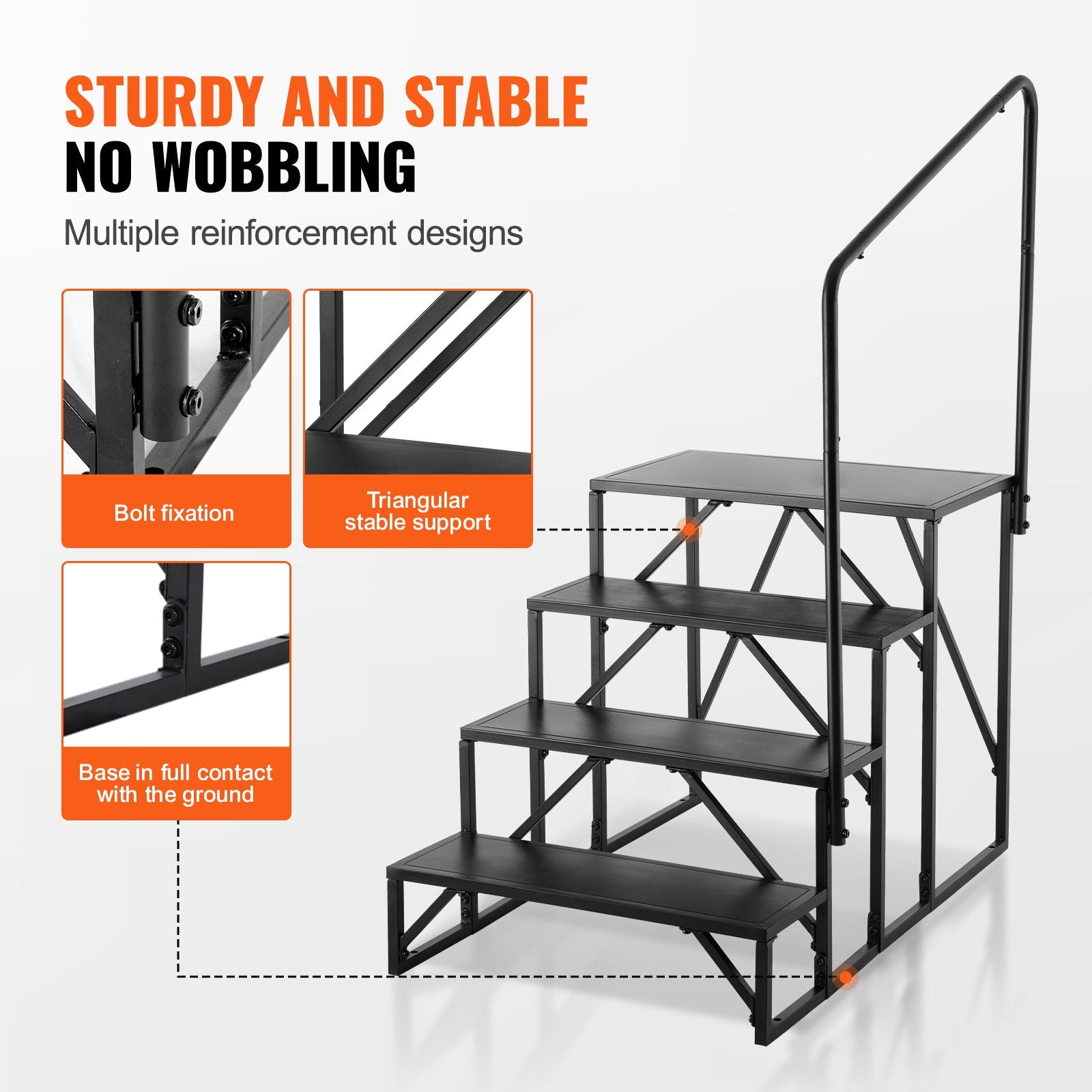 RV Steps, 4-Step RV Stairs, 199.58KGS Load Capacity, Thickened Carbon Steel, With Handrail, Non-Slip Steps for Safe Entry and Exit, Suit for RV, Trailer, Camper Steps