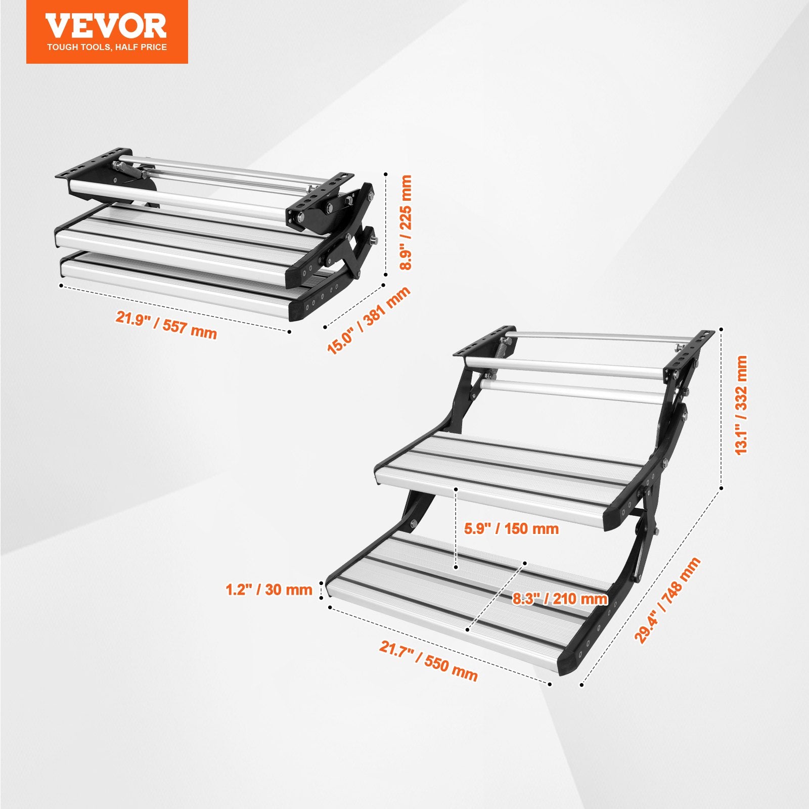 RV Steps, 2-Step, Manual Retractable RV Stairs, Foldable, 440 LBS Load Capacity, Aluminum Alloy Steps, Thickened Steel Plate, Non-Slip Steps for Safe Entry and Exit, RV, Trailer, Camper Steps