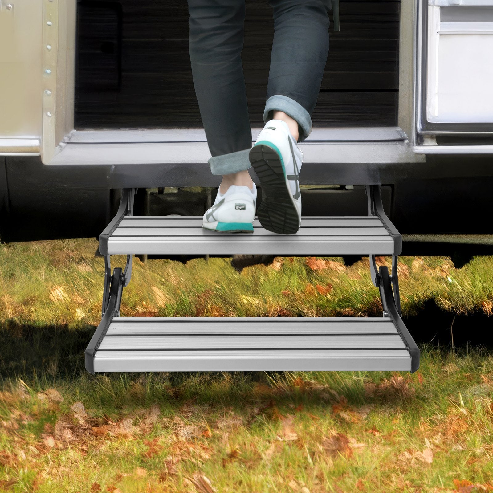 RV Steps, 2-Step, Manual Retractable RV Stairs, Foldable, 440 LBS Load Capacity, Aluminum Alloy Steps, Thickened Steel Plate, Non-Slip Steps for Safe Entry and Exit, RV, Trailer, Camper Steps