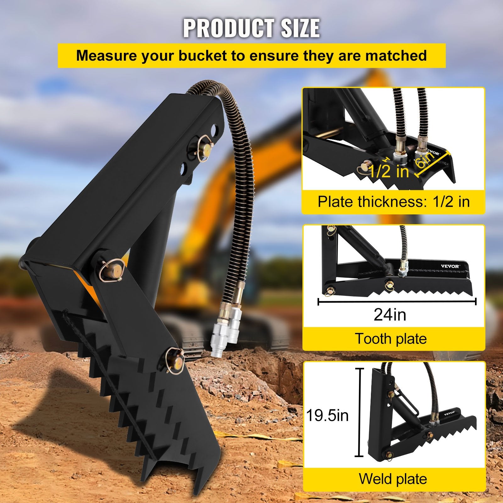 61cm Hydraulic Backhoe Excavator Thumb Attachments Weld On 1.27cm Teeth Thick Steel Plate Assembly 12MM Bolt-On Design with Hydraulic Cylinder