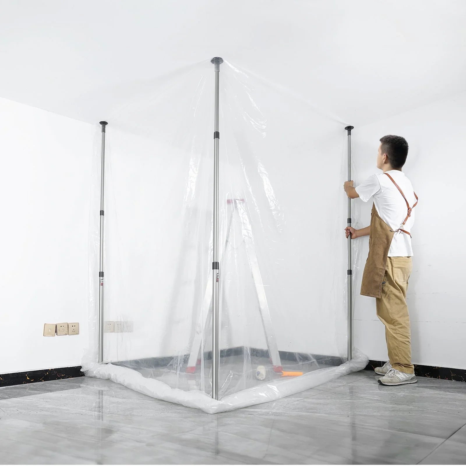 Dust Barrier Poles, 10 Ft Barrier Poles, Dust Barrier System with 4 Telescoping Poles, Magnetic Zipper, Carry Bag and 32.8x13.12 Ft Plastic Film, for Interior Decoration, Painting