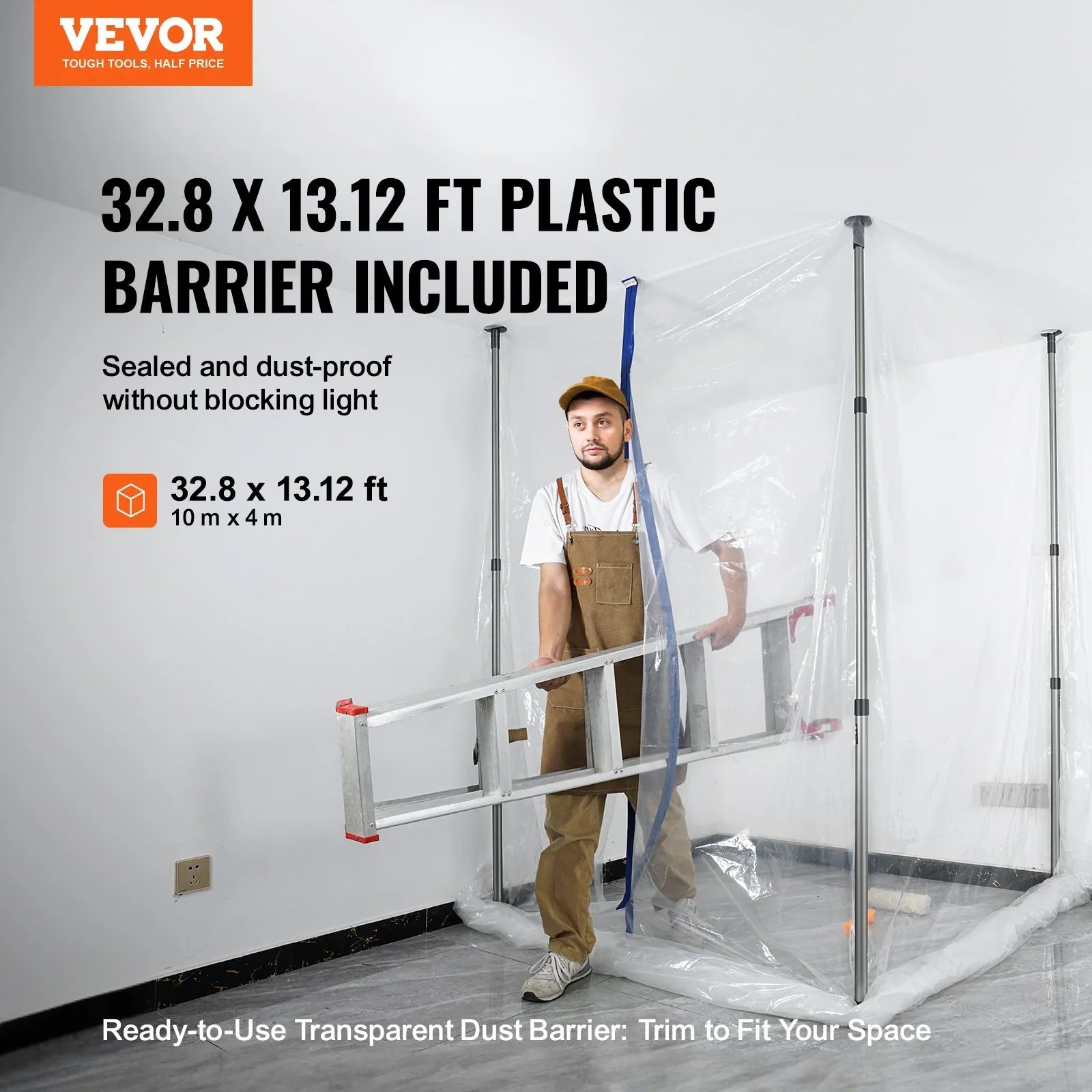 Dust Barrier Poles, 12 Ft Barrier Poles, Dust Barrier System with 4 Telescoping Poles, Magnetic Zipper, Carry Bag and 32.8x13.12 Ft Plastic Film, for Interior Decoration, Painting