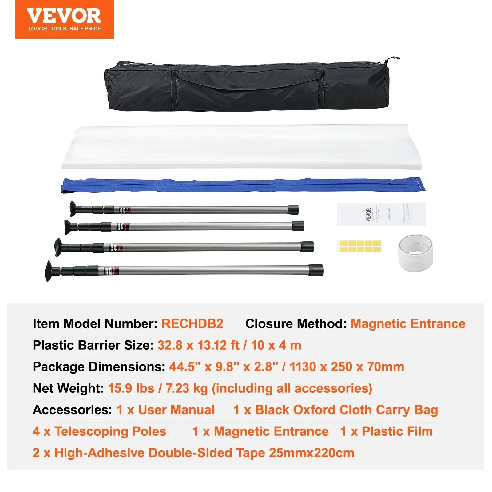 Dust Barrier Poles, 12 Ft Barrier Poles, Dust Barrier System with 4 Telescoping Poles, Magnetic Zipper, Carry Bag and 32.8x13.12 Ft Plastic Film, for Interior Decoration, Painting