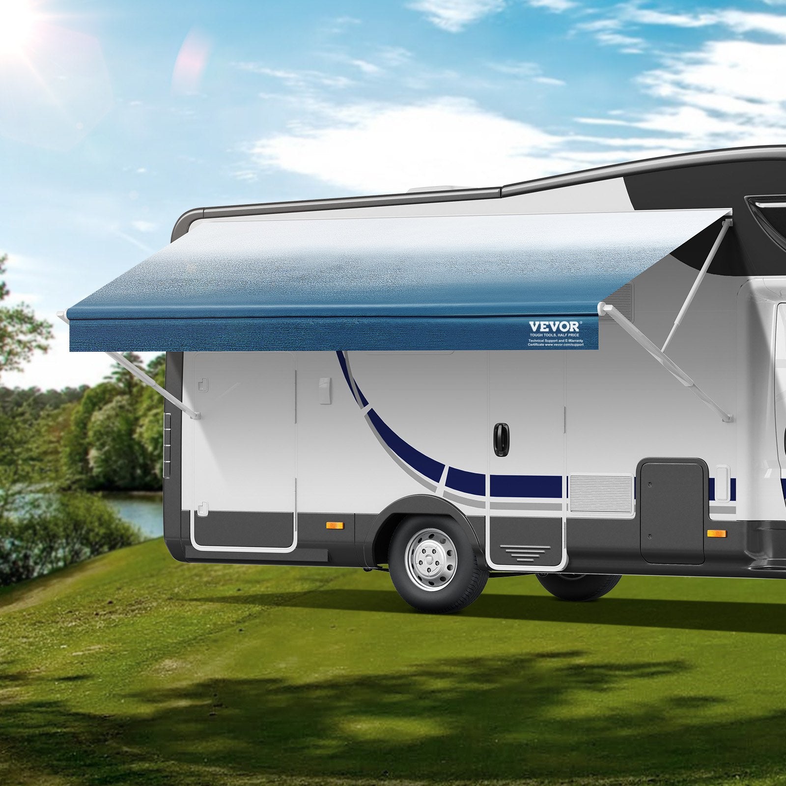 RV Awning Fabric Replacement, 6.15m Fabric Length for 6.4m Awning, Heavy Duty 3-Ply 16oz PVC Camper Awning Fabric, Waterproof & UV Protection Outdoor Canopy for RV, Trailer, Motorhome, Blue Fade