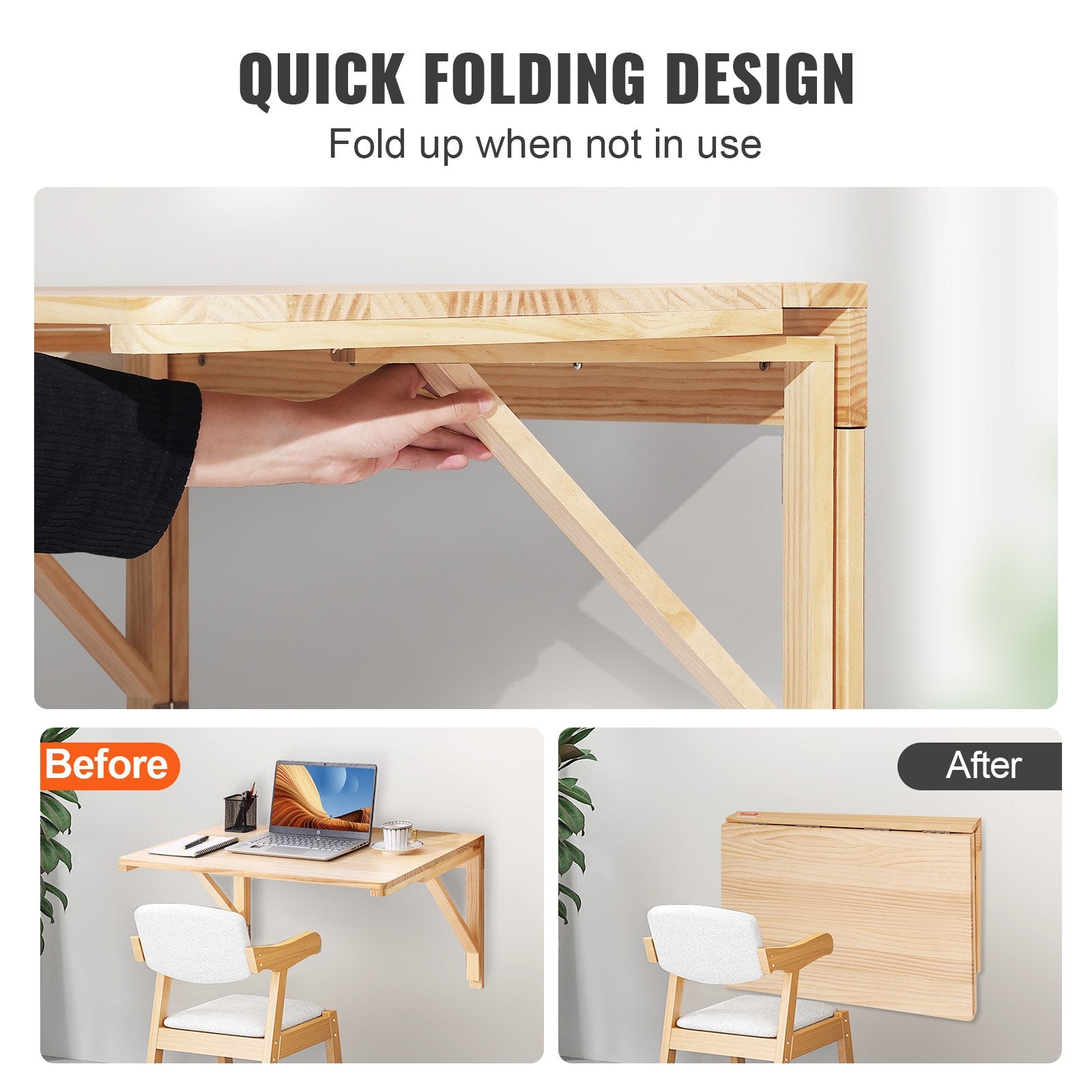 VEVOR Wall Mounted Folding Table, Wall Mounted Drop Leaf Tables, Solid Wood Floating Desk for Dining, Laundry Room, Office, 31.5