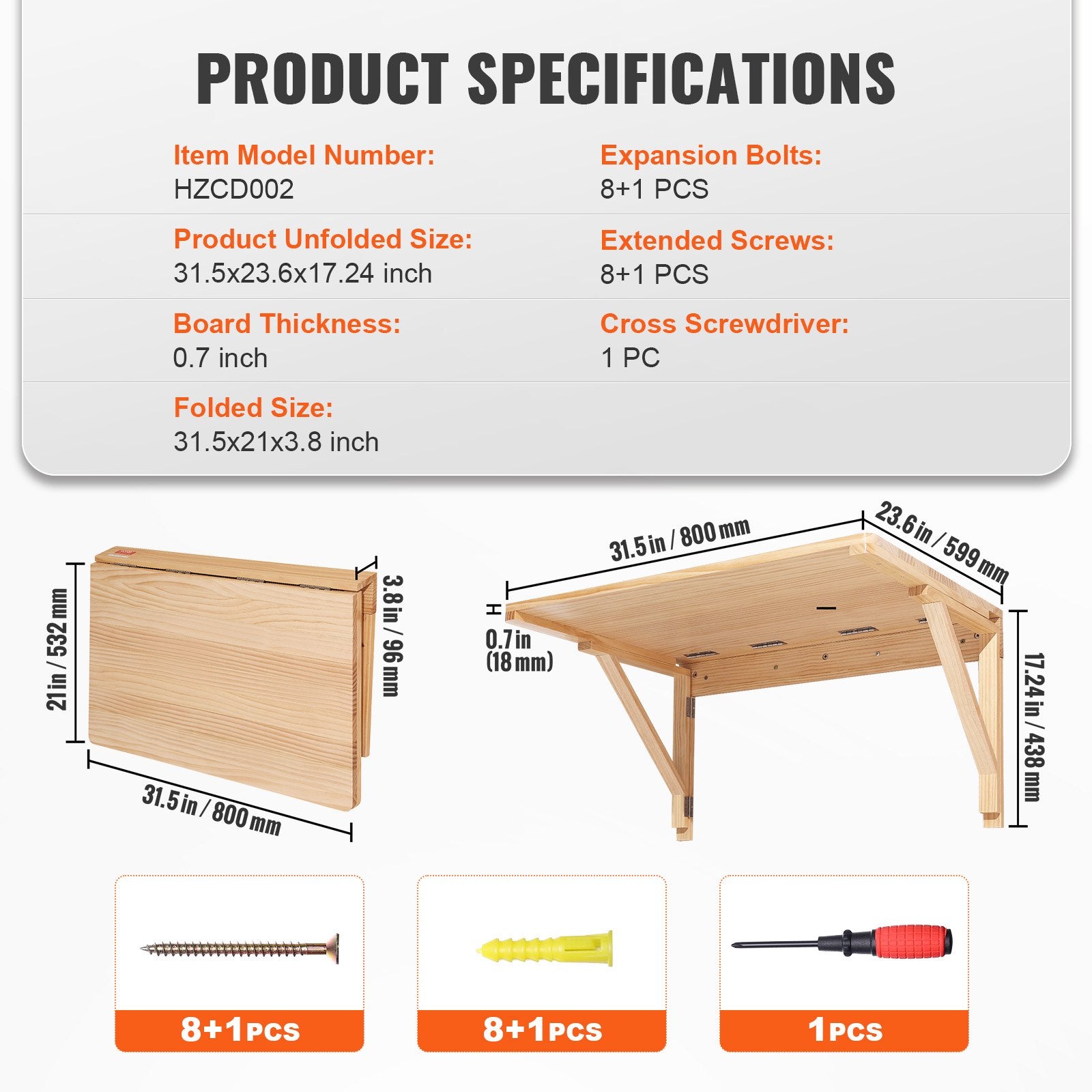 VEVOR Wall Mounted Folding Table, Wall Mounted Drop Leaf Tables, Solid Wood Floating Desk for Dining, Laundry Room, Office, 31.5