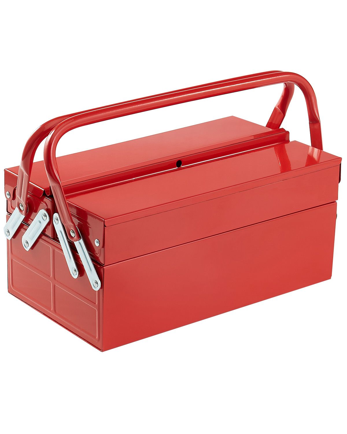 Metal Tool Box, 14-inch, 2-Tier 3-Tray Portable Folding Tool Chest Organizer with Handle & Lock Hole, Powder Coated Steel, Cantilever Toolbox for Household Factory Warehouse Repair Shop, Red