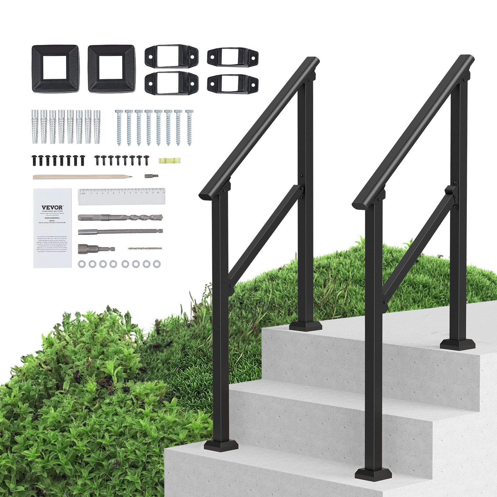2 PCS 2-3 Handrails for Outdoor for Seniors Porch Deck Black Square Tube
