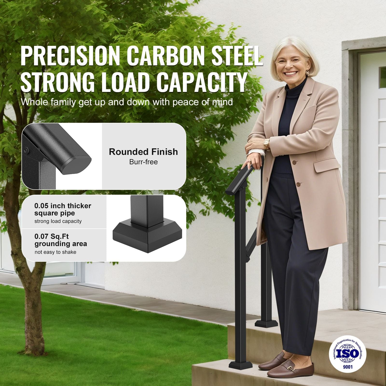 Handrails for Outdoor Steps, 1-2 Step Stair Hand Rail Kit, Transitional Carbon Steel Railings with Installation Kit, Stair Rails for Seniors, Concrete Steps & Porch & Deck, Black Square Tube
