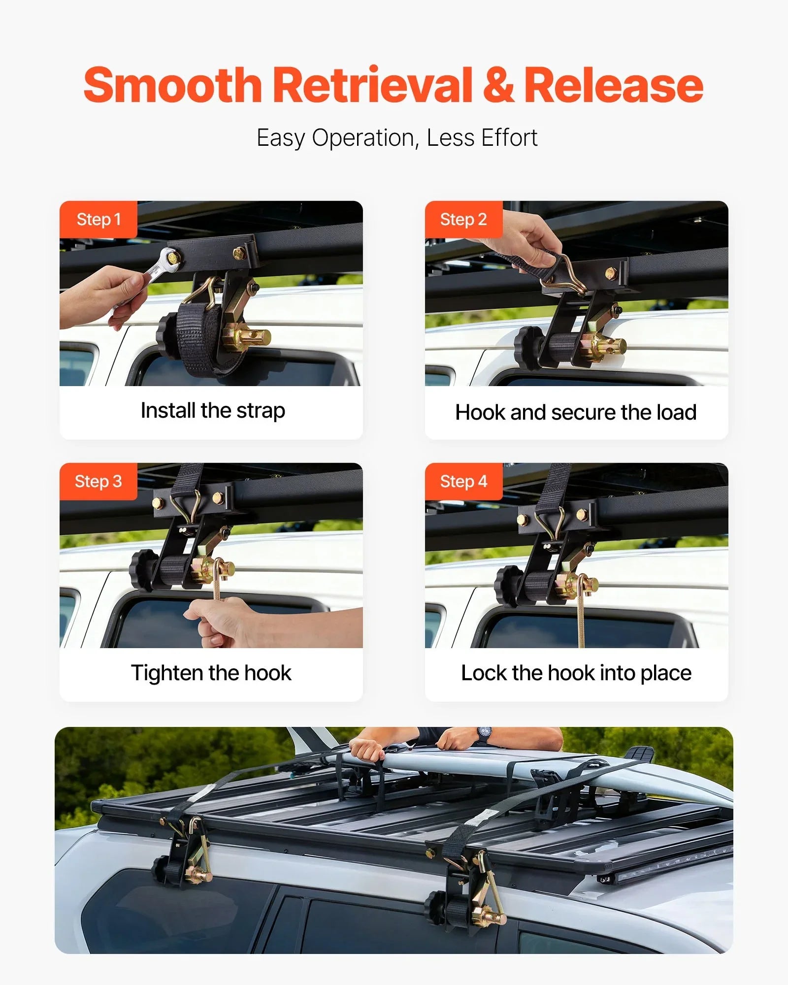 Ladder Rack Ratchet Straps, Black Square Tube Mount, 38 mm Wide x 2.25 m Long Black Ladder Rack Straps with Double J-Hooks, 226.8 kg Load Heavy Duty, Cargo Buckle Lock Strap (4 Pack)