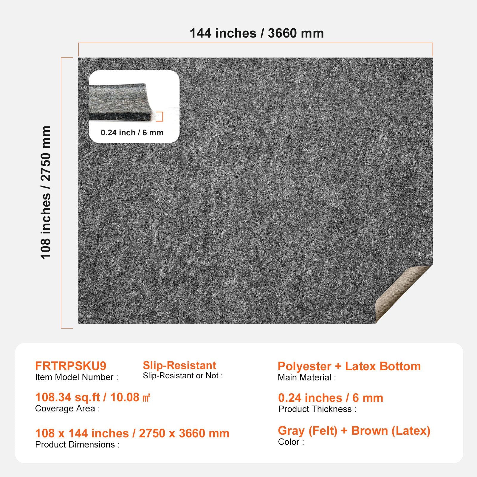 Non Slip Rug Pad Gripper 9' x 12' Carpet Mat 0.24