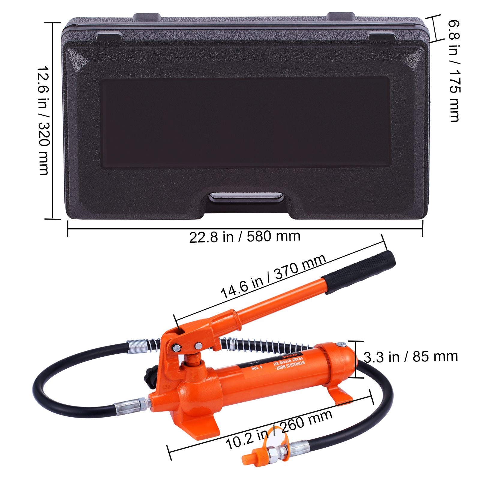 4 Ton Porta Power Kit, Portable Hydraulic Jack with 3.9 ft/1.2 m Oil Hose, Auto Body Frame Repair Kit with Storage Case for Car Repair, Truck, Farm (8800 LBS)