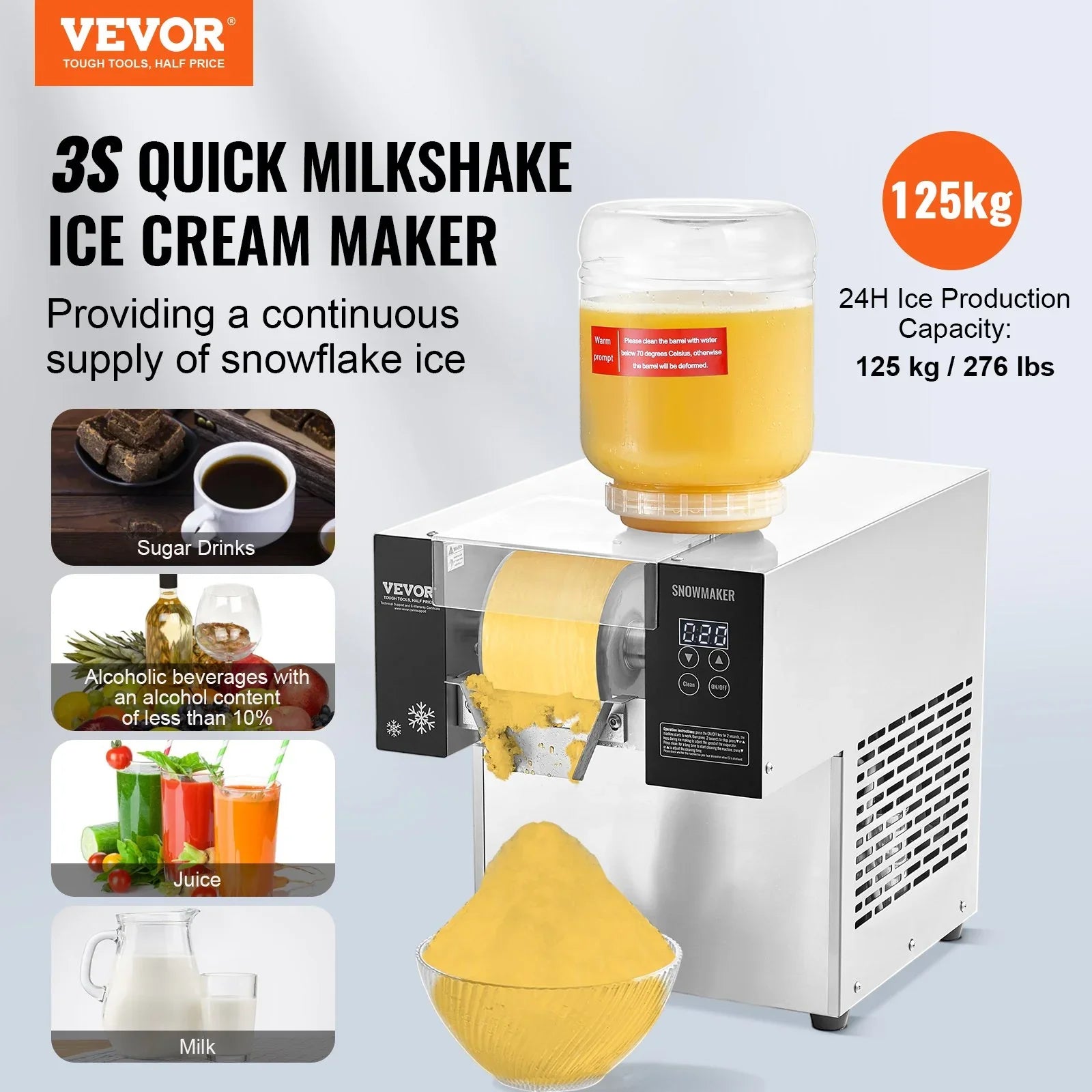 Commercial Snowflake Ice Machine, 276LBS/24H Snowflake Ice Maker, Stainless Steel Ice Shaver Machine, Electric Snow Cone Maker, Air Cooling System for Rapid Heat Dissipation, for Bakery, Cafe