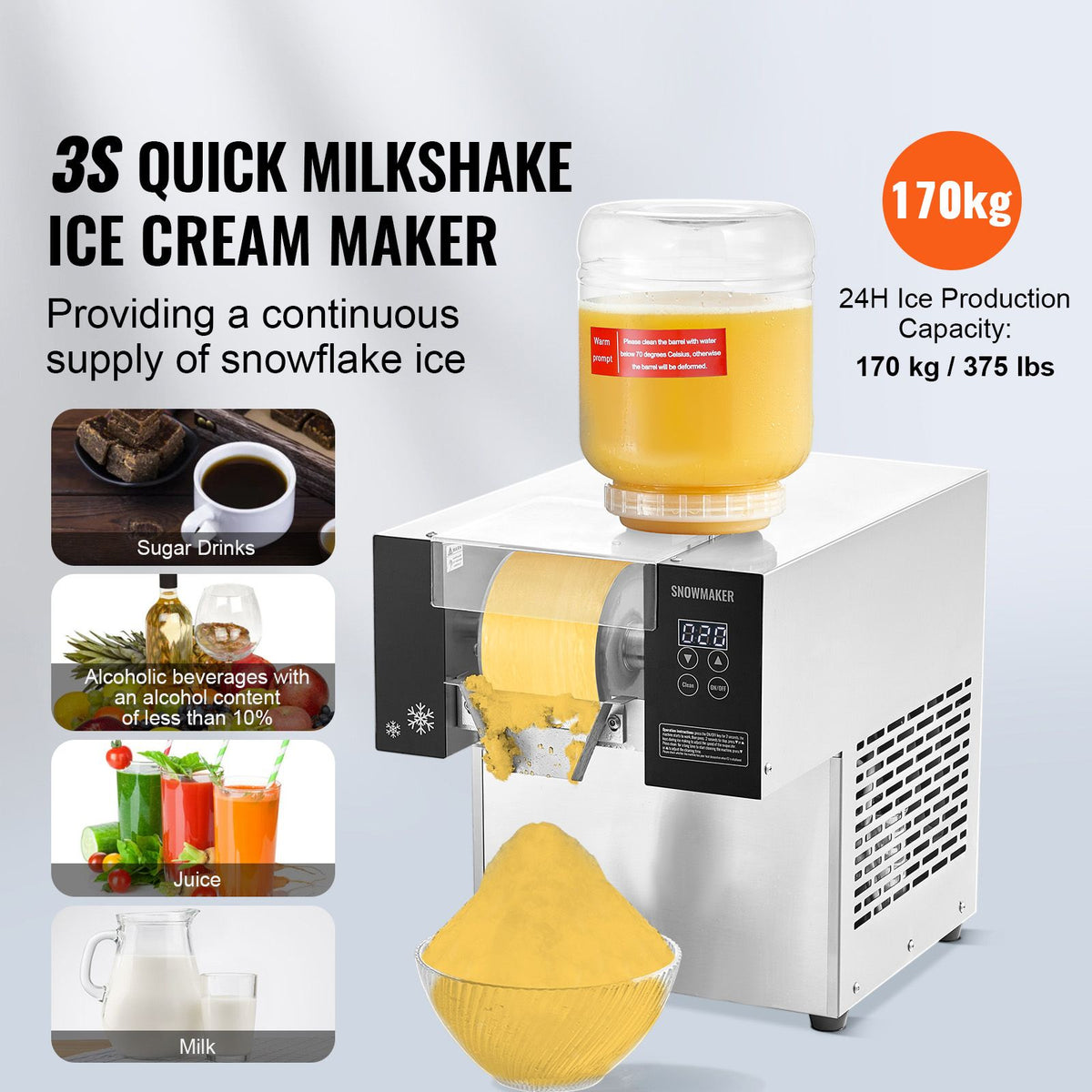 Commercial Snowflake Ice Machine, 375LBS/24H Snowflake Ice Maker, Stainless Steel Ice Shaver Machine, Electric Snow Cone Maker, Air Cooling System for Rapid Heat Dissipation, for Bakery, Cafe