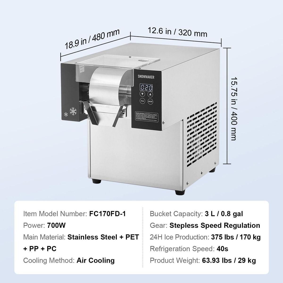 Commercial Snowflake Ice Machine, 375LBS/24H Snowflake Ice Maker, Stainless Steel Ice Shaver Machine, Electric Snow Cone Maker, Air Cooling System for Rapid Heat Dissipation, for Bakery, Cafe