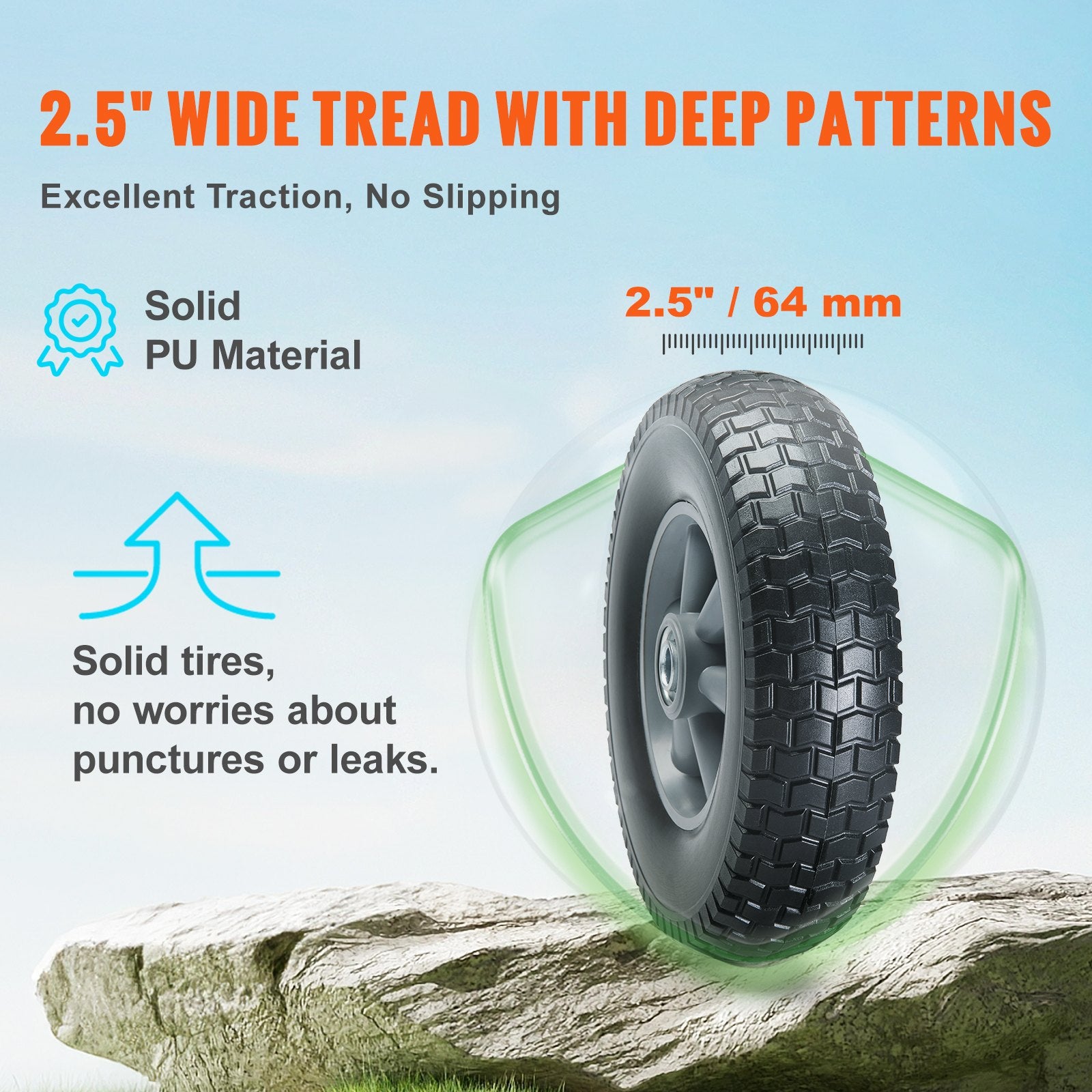 Solid PU Run-Flat Tire Wheel, 254 mm, 2-Pack, 81.6 kg Dynamic Load, 99.8 kg Static Load, Flat Free Tubeless Tires and Wheels for Hand Truck, Utility Cart, Dollies, Garden Trailers, Various Carts