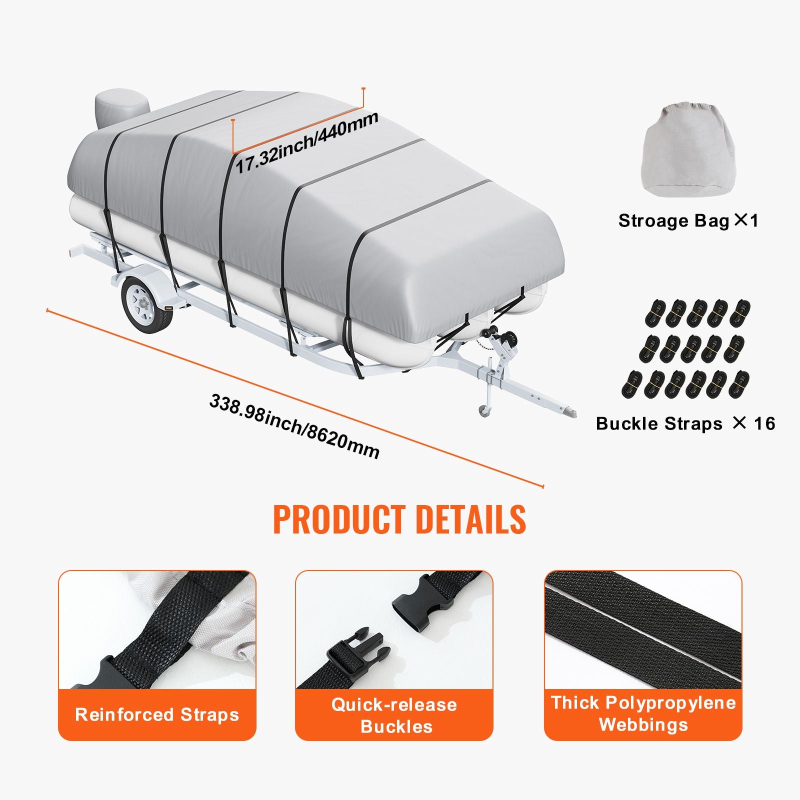 Pontoon Boat Cover 800D Waterproof Trailerable 23-24 ft with Storage Bag